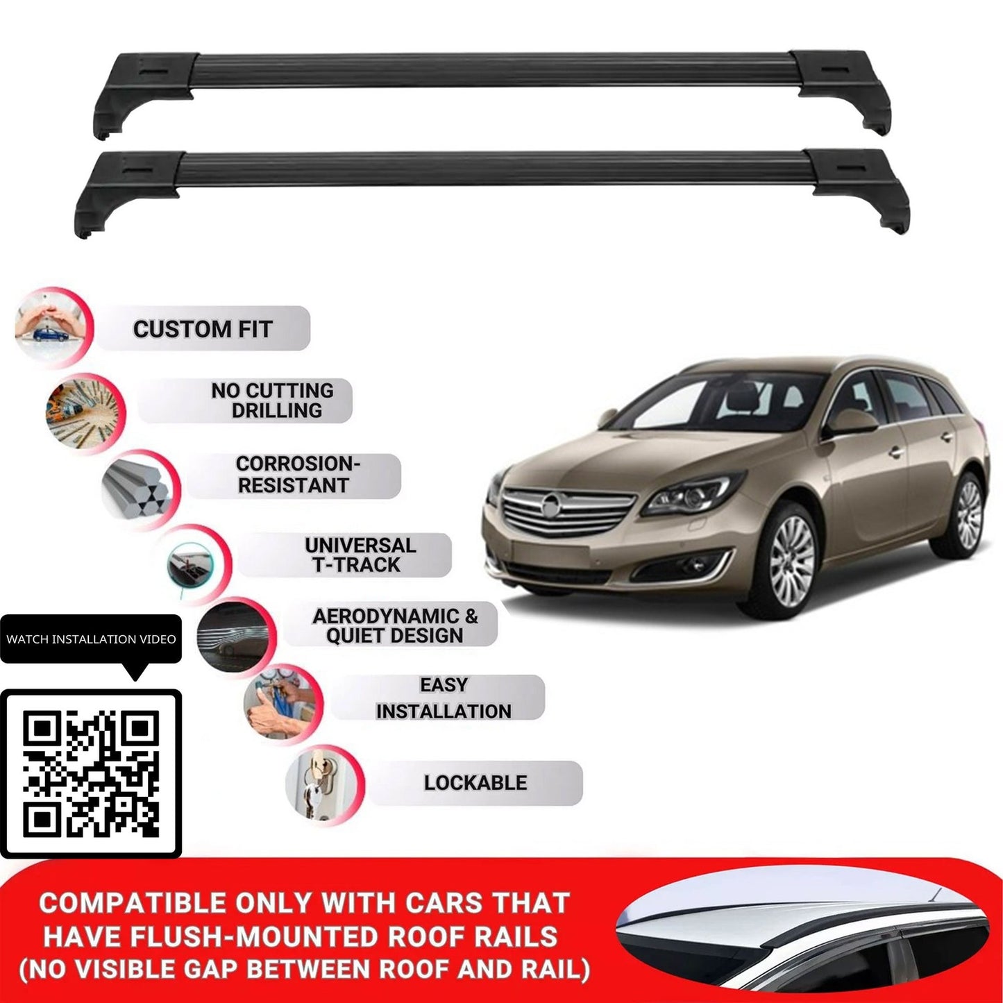 Roof Bars for Vauxhall Insignia 2008-2017 Lockable Roof Rack Cross Bars 2 Pcs Black