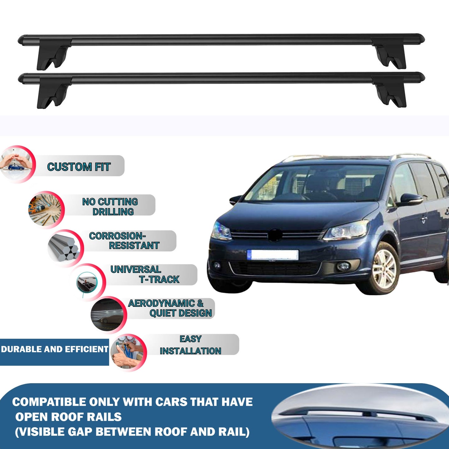 Lockable Roof Rack Cross Bars for Vw Touran 2003-2015 | Heavy Duty Rail Carrier 2 Pcs Black