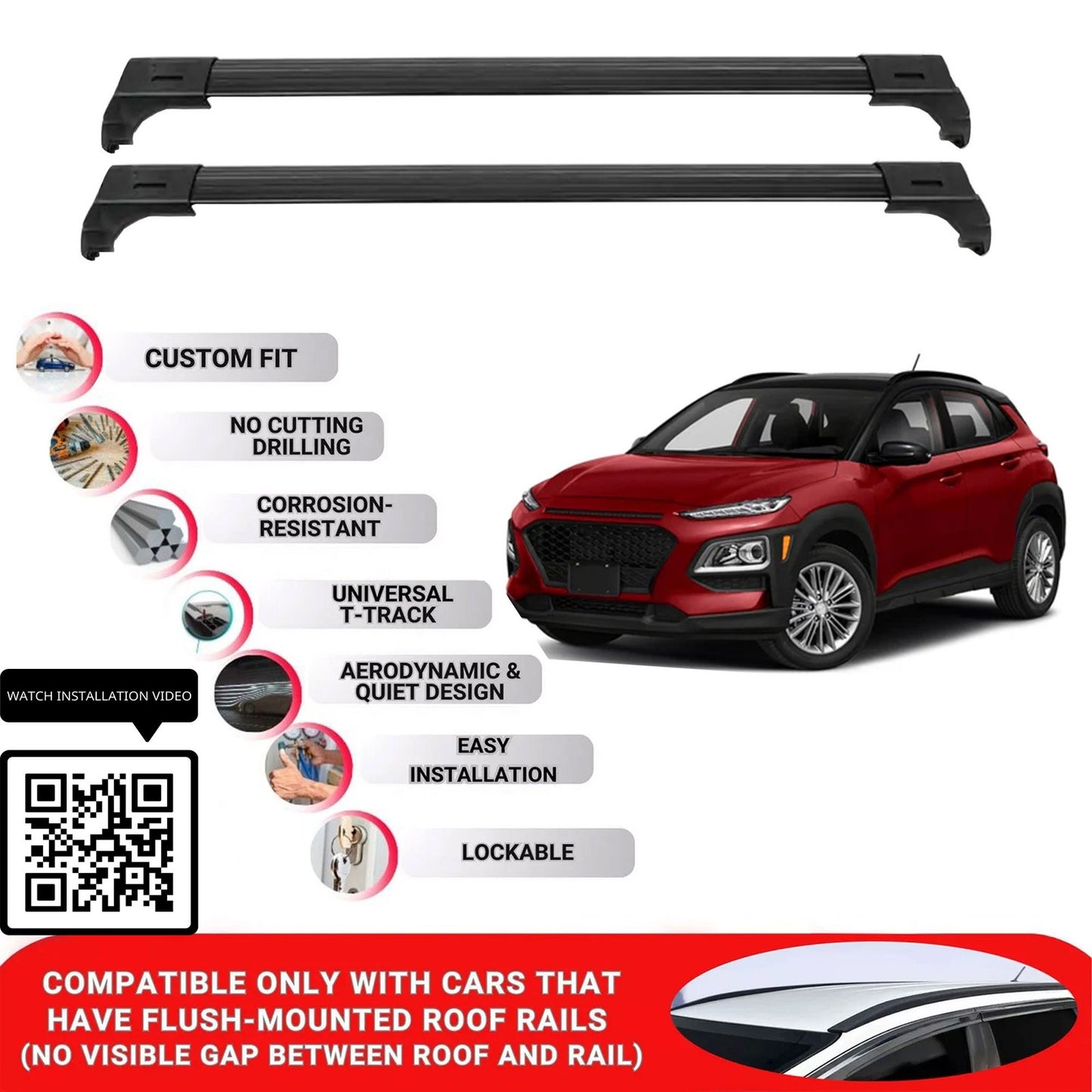 Roof Bars for Hyundai Kona Os 2017-2023 Lockable Roof Rack Cross Bars 2 Pcs Black
