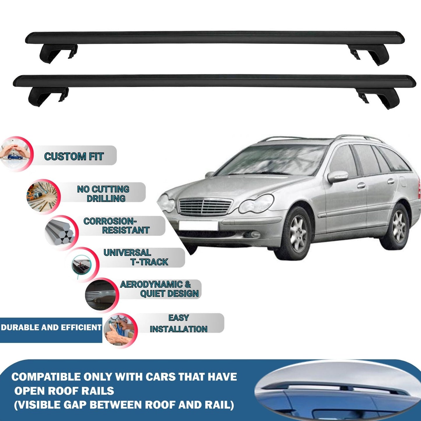 Roof Rack Cross Bars for Mercedes Benz C Class S203 SW 2000-2007 Rail Carrier for Roof Tents 2 Pcs Black