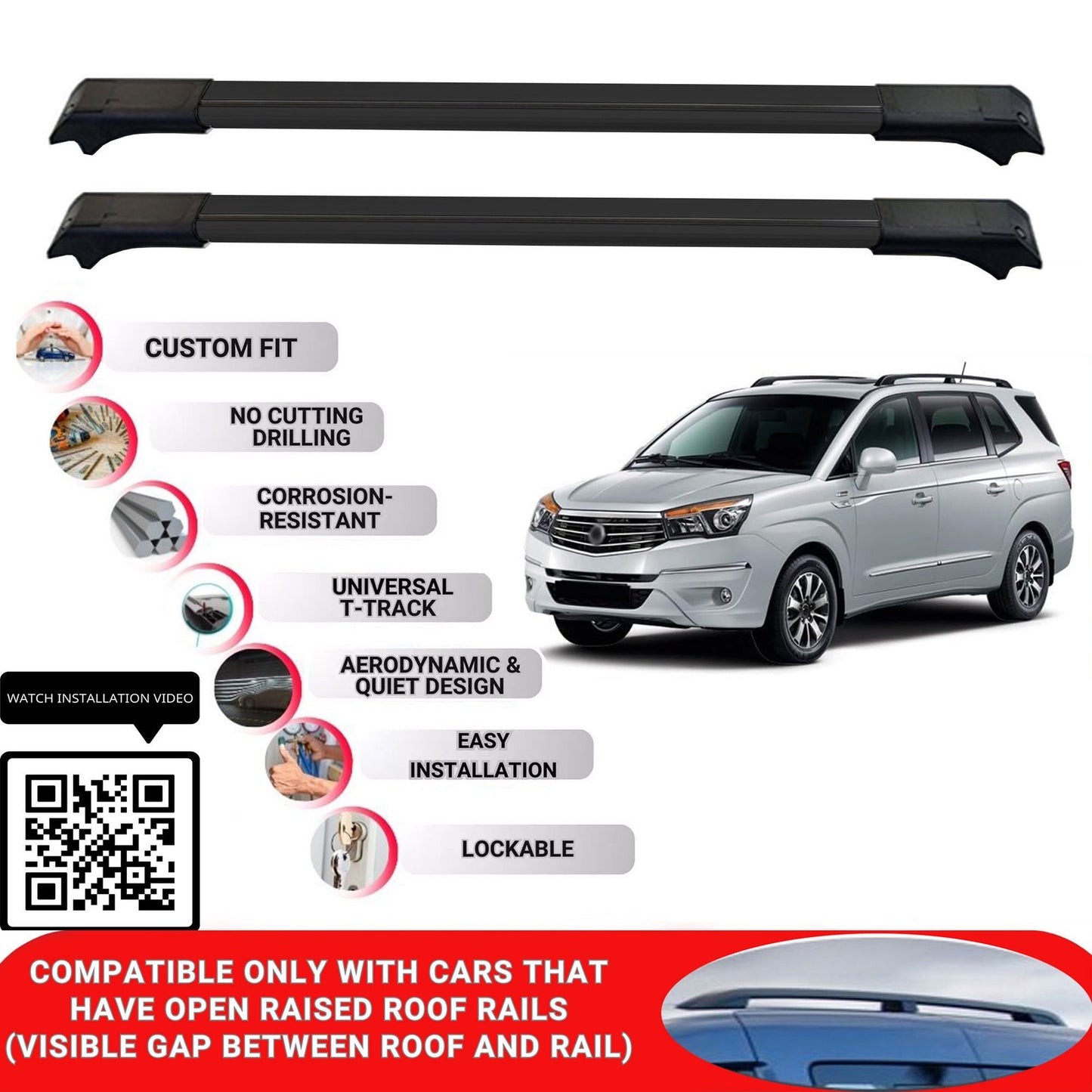 Roof Rack Cross Bars for Ssangyong Rodius 2013-2018 Lockable Roof Bars 2 Pcs Black