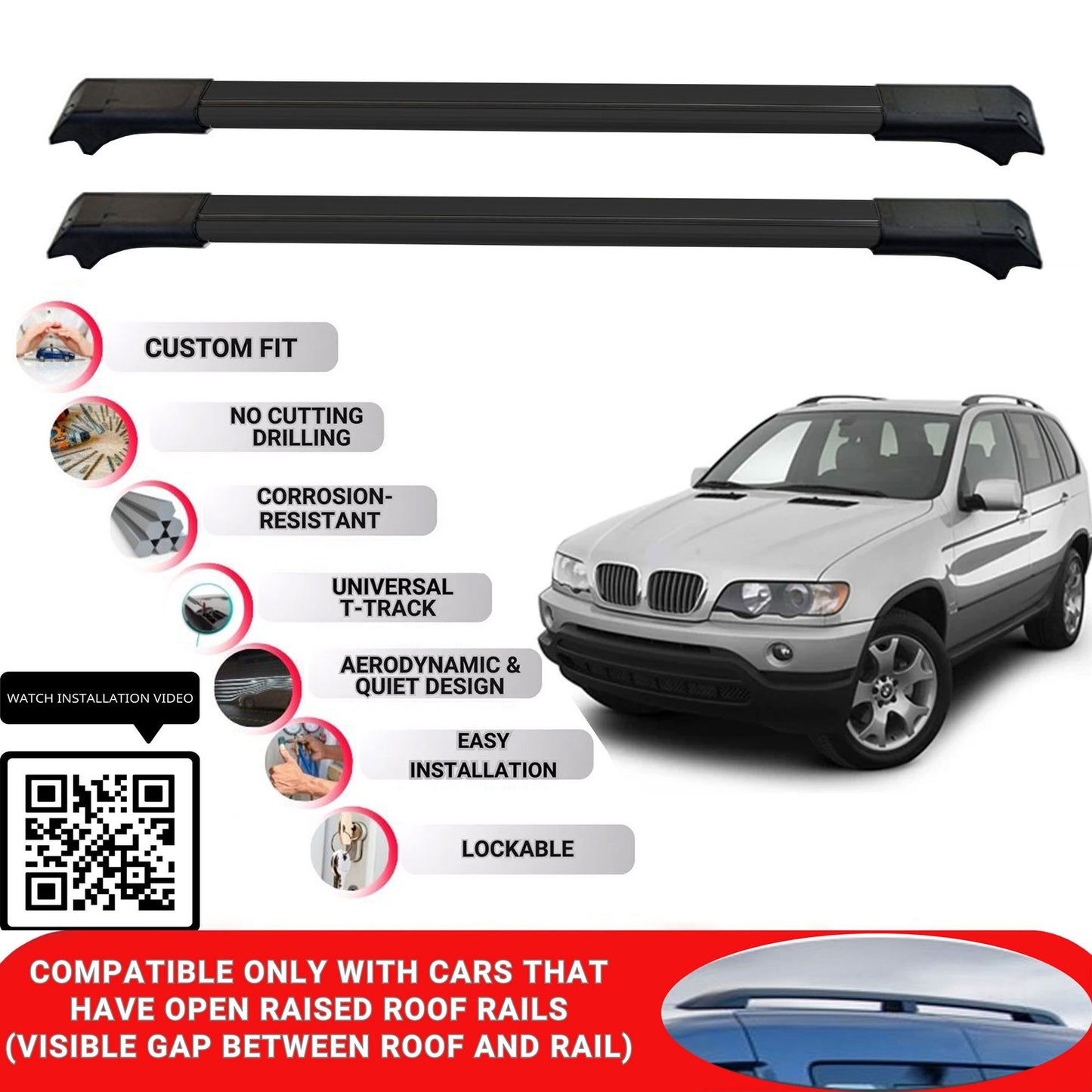 Roof Rack Cross Bars for Bmw X5 E53 2000-2007 Lockable Roof Bars 2 Pcs Black
