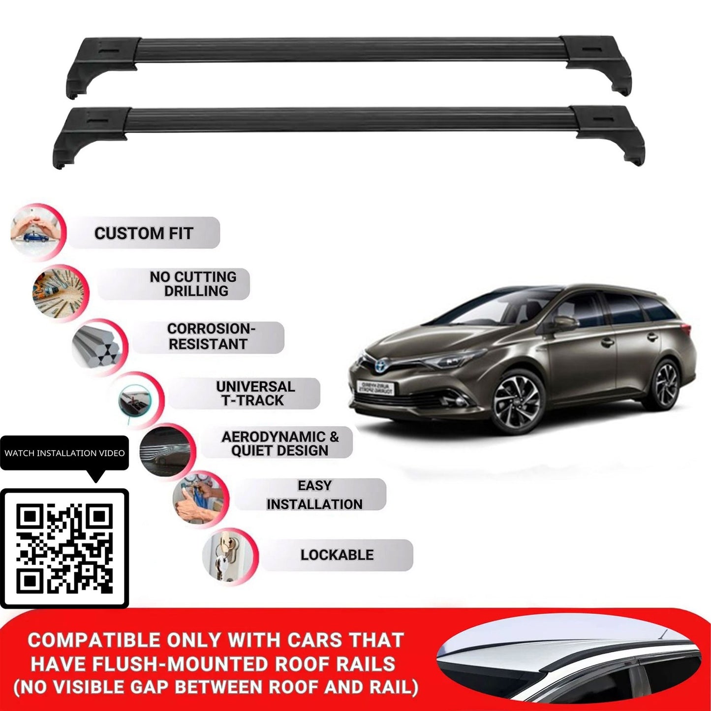 Roof Bars for Toyota Auris 2013-2019 Lockable Roof Rack Cross Bars 2 Pcs Black