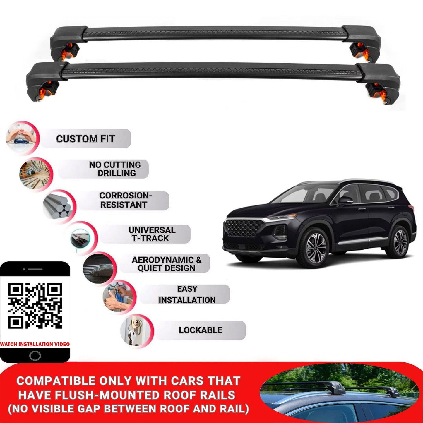 Premium Roof Bars For Hyundai Santafe Suv 2018-2024 Secure Roof Rack Cross Bar 2 Pcss Black