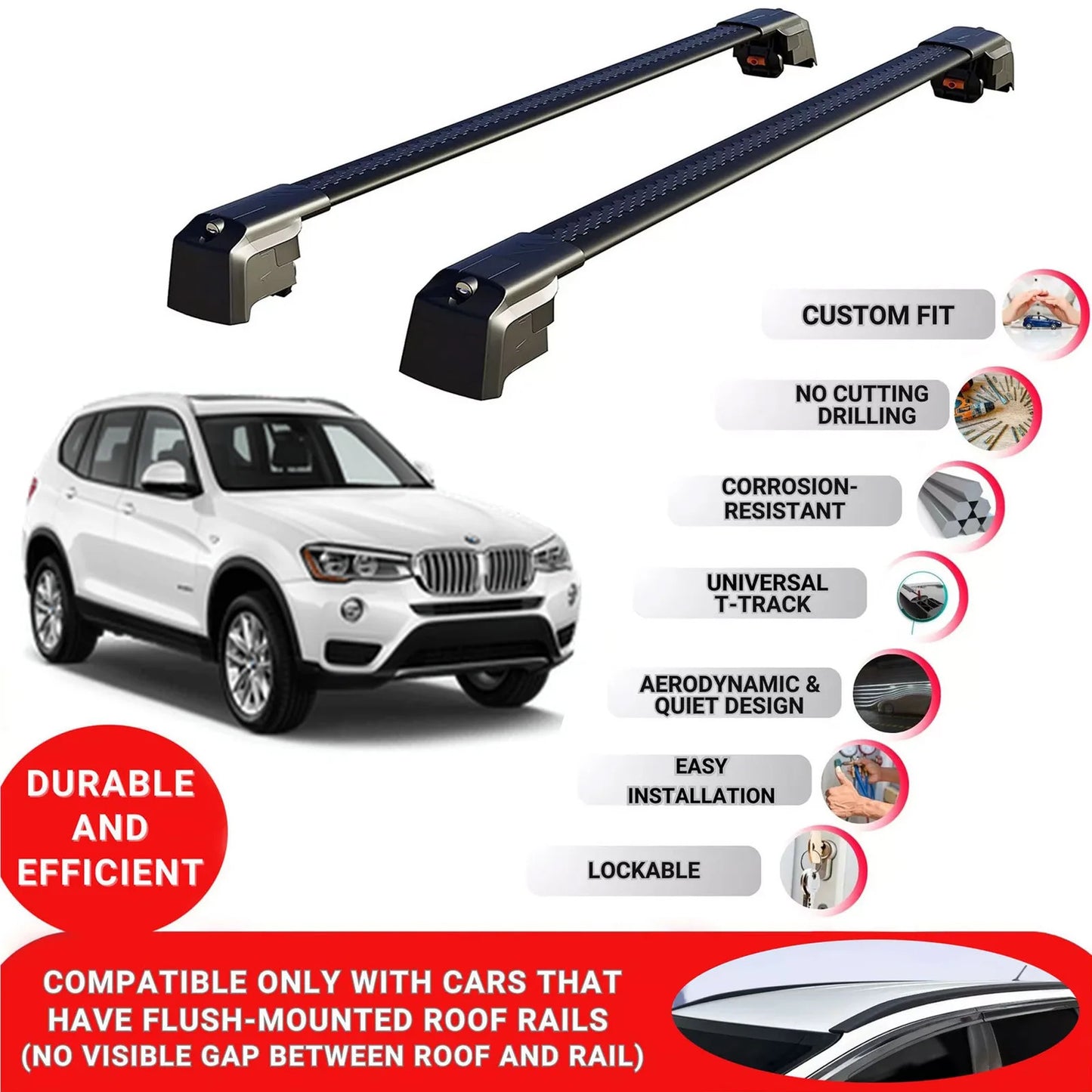 Roof Bars Rack for Bmw X3 F25 2011-2017 Lockable Rail Carrier 2 Pcs Black