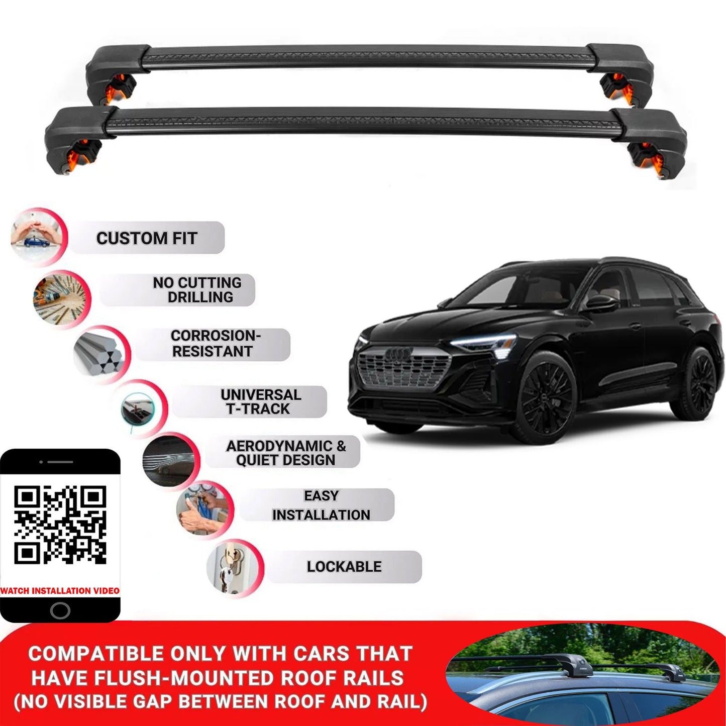 Premium Roof Bars For Audi Q8 Sportback E-Tron 2023+ Secure Roof Rack Cross Bar 2 Pcss Black