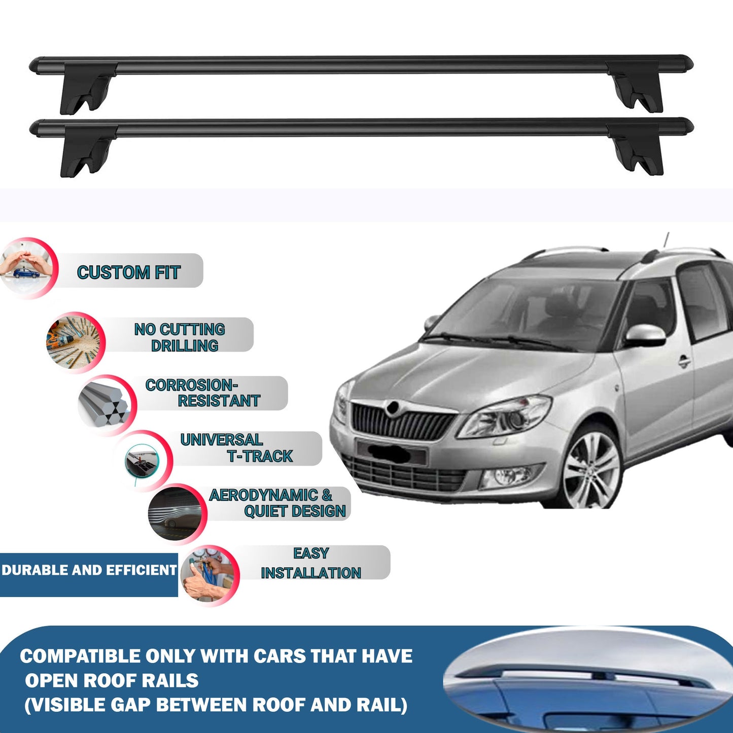 Lockable Roof Rack Cross Bars for Skoda Roomster 2006-2015 | Heavy Duty Rail Carrier 2 Pcs Black
