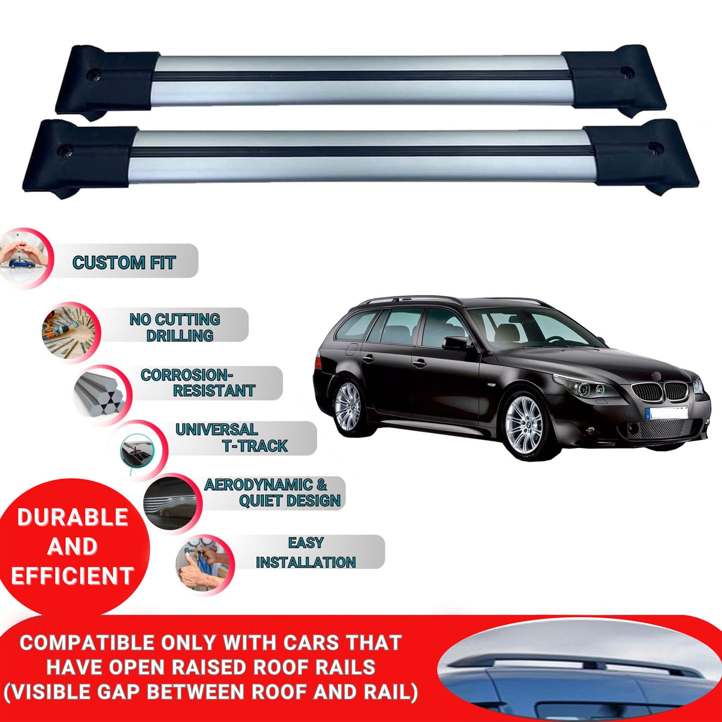 Roof Racks Cross Bars For Bmw 5 Series Estate/Touring E61 2004-2010 2 Pcs Grey