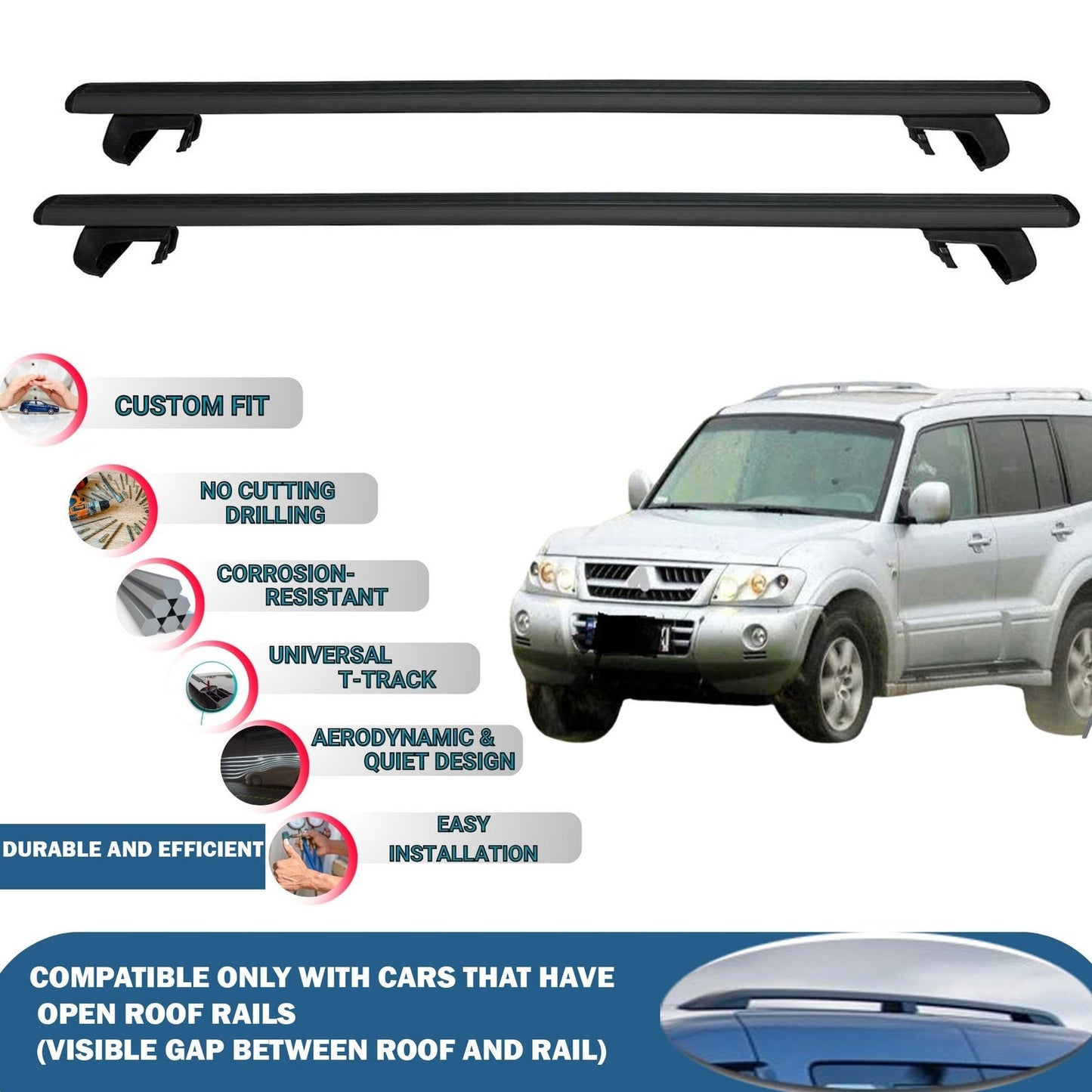 Roof Rack Cross Bars for Mitsubishi Pajero V60 5D 1999-2006 Rail Carrier for Roof Tents 2 Pcs Black