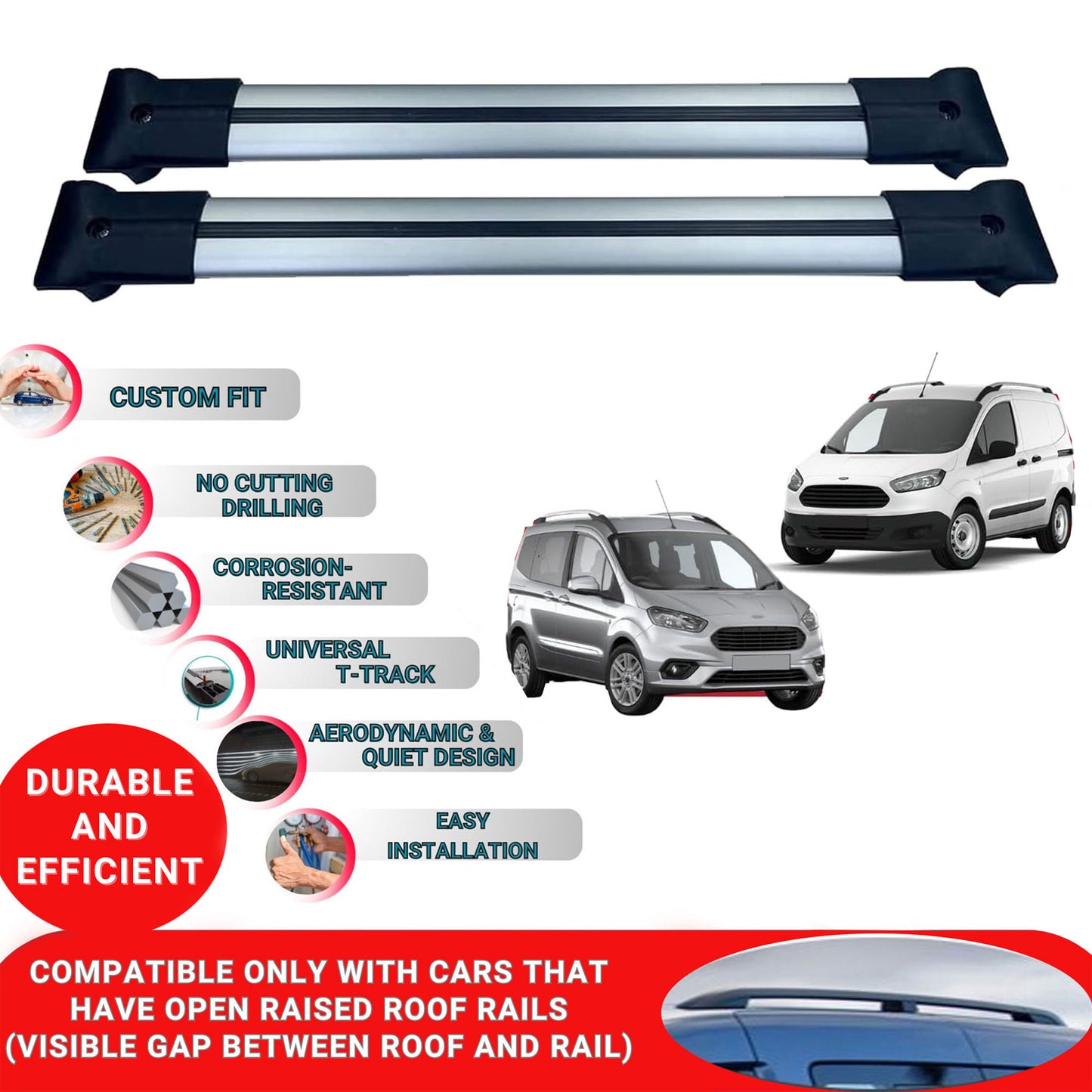 Roof Racks Cross Bars For Ford Tourneo Courier Van 2014-2016 2 Pcs Grey
