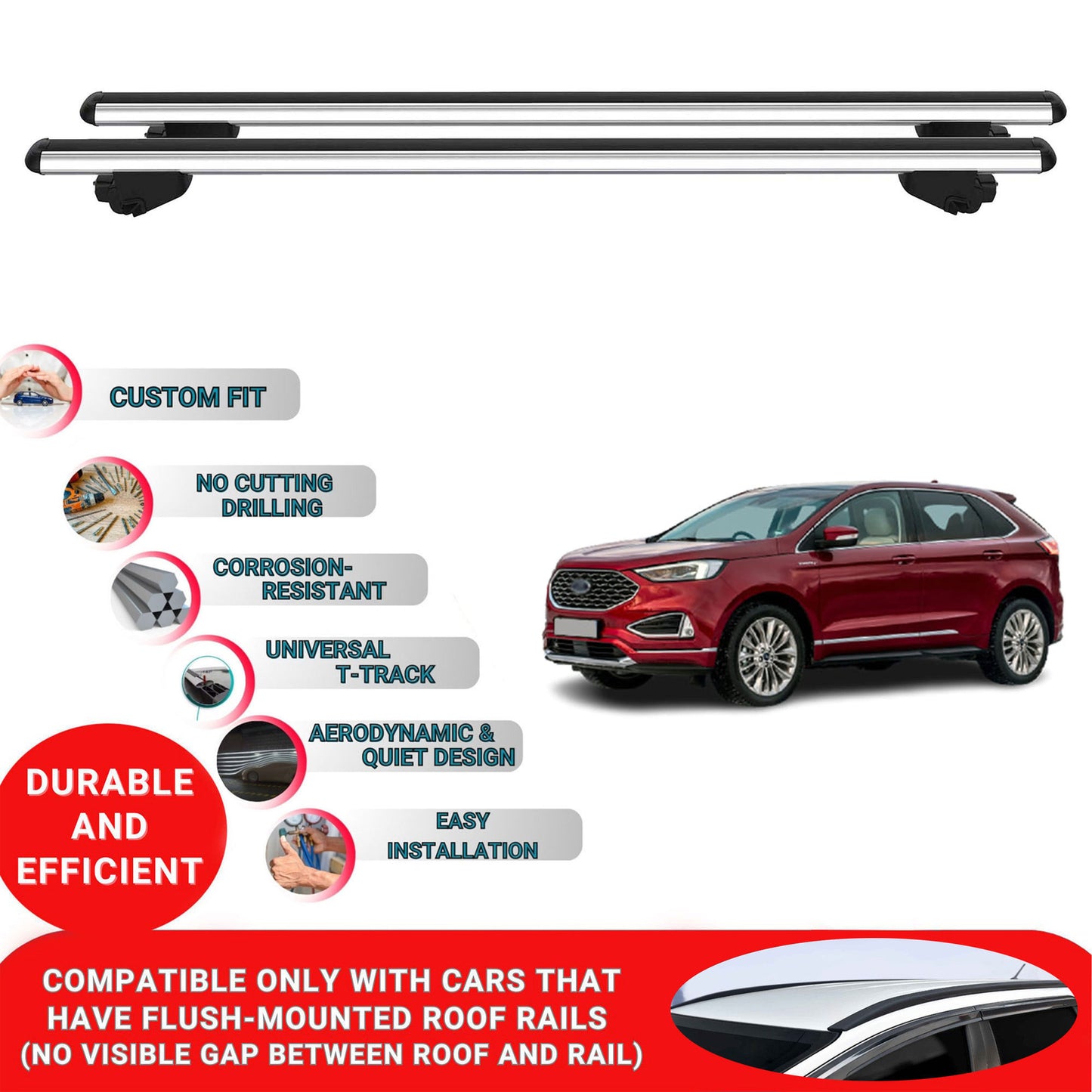Roof Bars For Ford Edge 2016-2023 Roof Rack Cross Bars 2 Pcs Grey