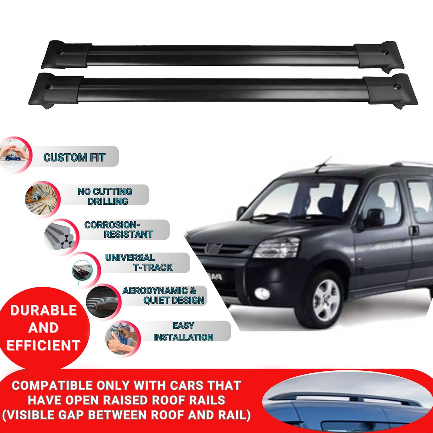 Roof Racks Cross Bars For Peugeot Partner 1 1996-2008 4 Pcs Black