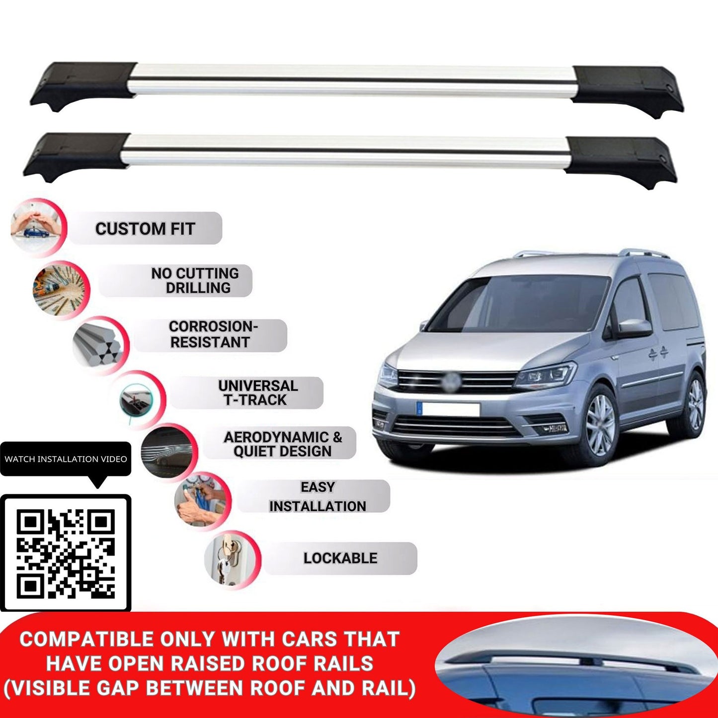Roof Rack Cross Bars for Vw Caddy 2016-2020 Lockable Roof Bars 2 Pcs Grey