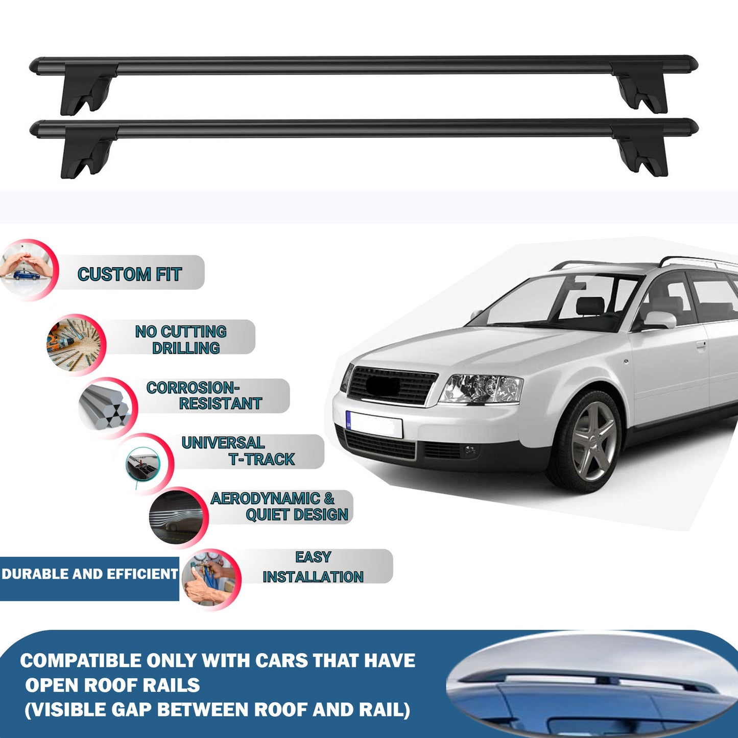 Lockable Roof Rack Cross Bars for Audi A6 Avant/Sw C5 1998-2004 | Heavy Duty Rail Carrier 2 Pcs Black
