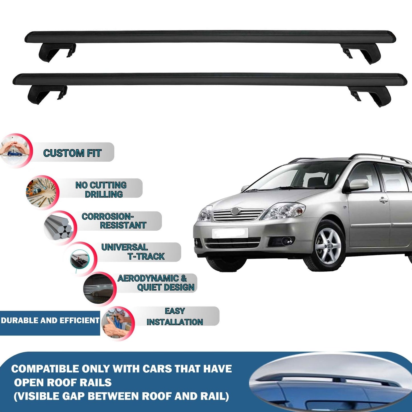Roof Rack Cross Bars for Toyota Corolla SW 2000-2006 Rail Carrier for Roof Tents 2 Pcs Black