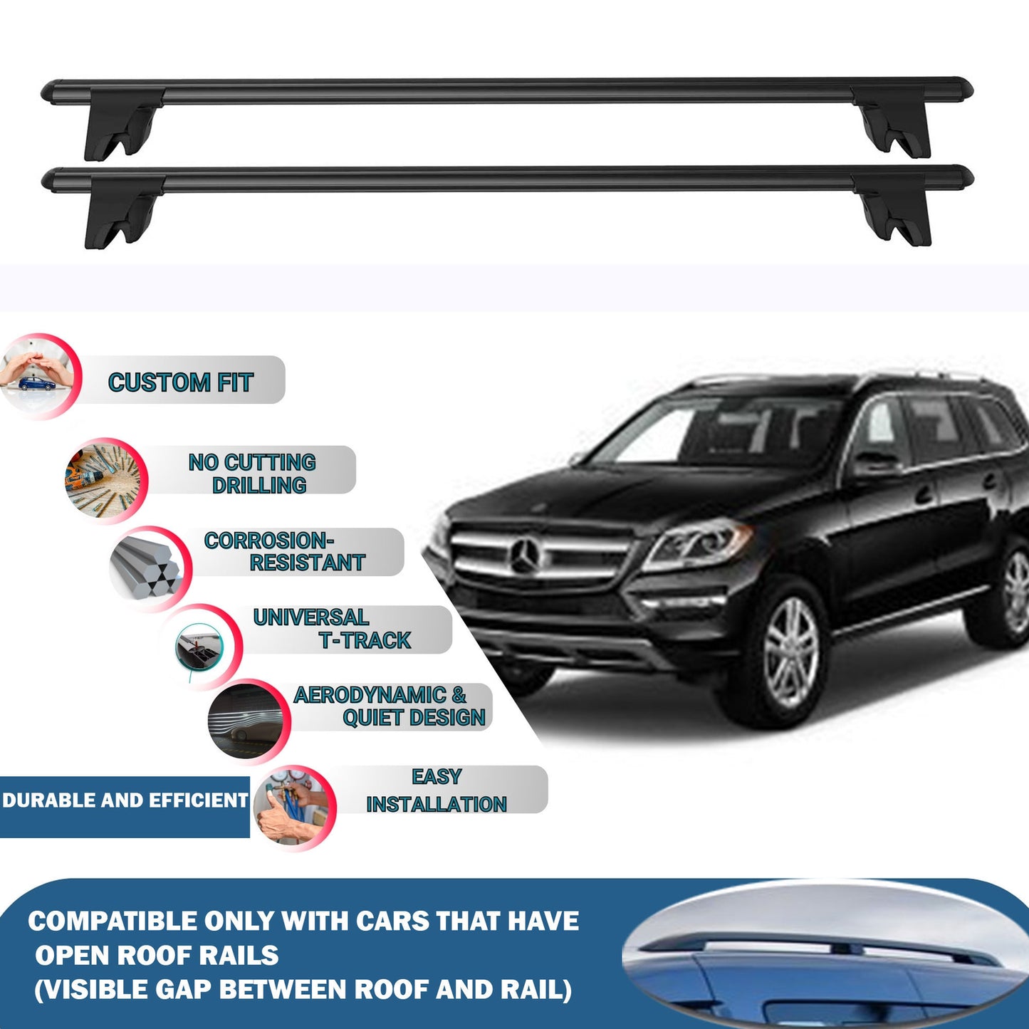 Lockable Roof Rack Cross Bars for Mercedes Gl-Class X166 2013-2016 | Heavy Duty Rail Carrier 2 Pcs Black