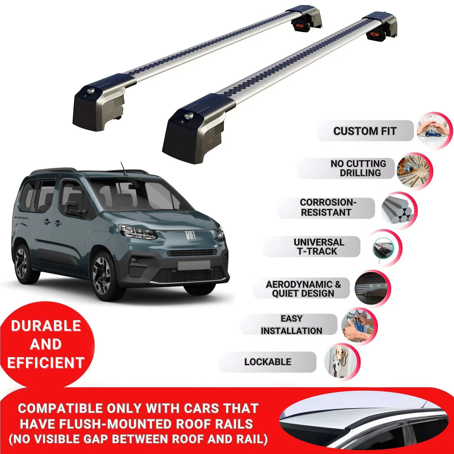 Roof Bars Rack for Fiat Doblo 2024+ Lockable Rail Carrier 2 Pcs Grey