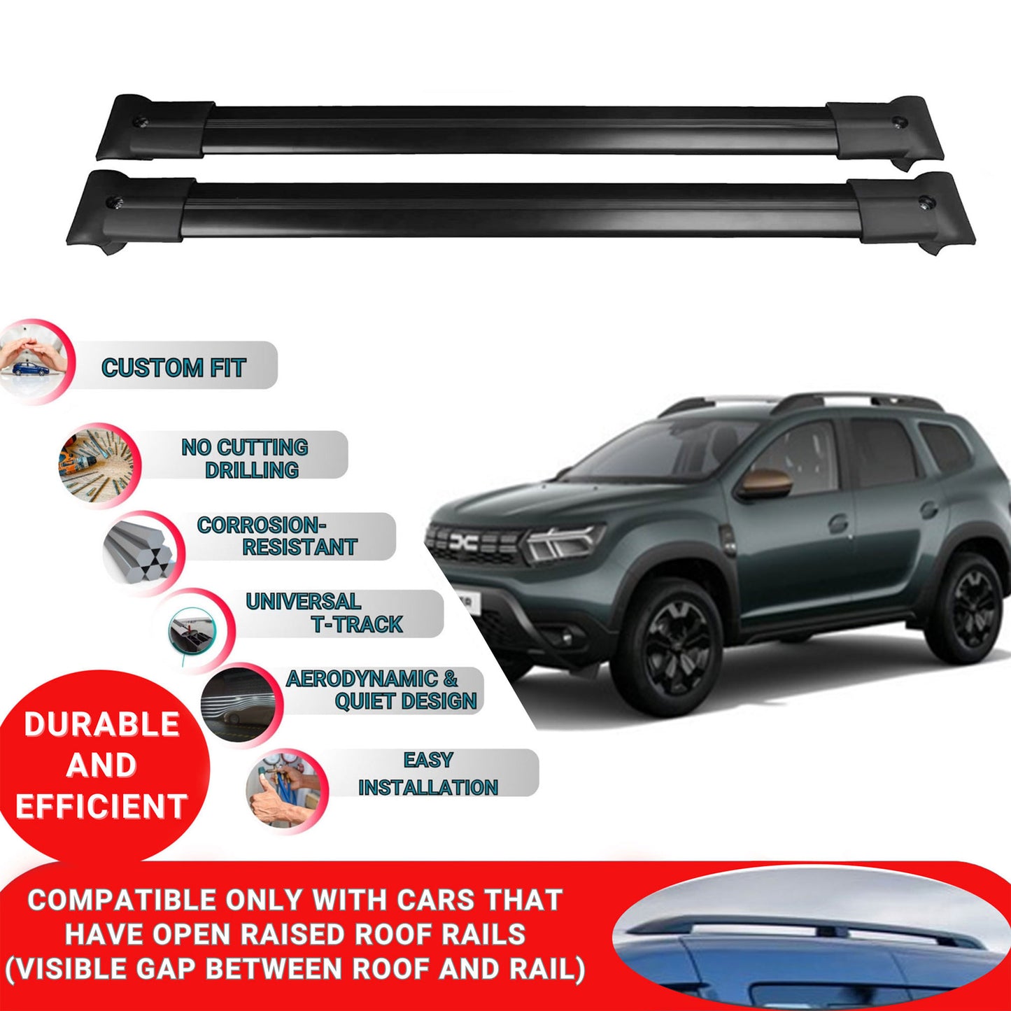 Roof Racks Cross Bars For Dacia Duster 2018-2023 2 Pcs Black