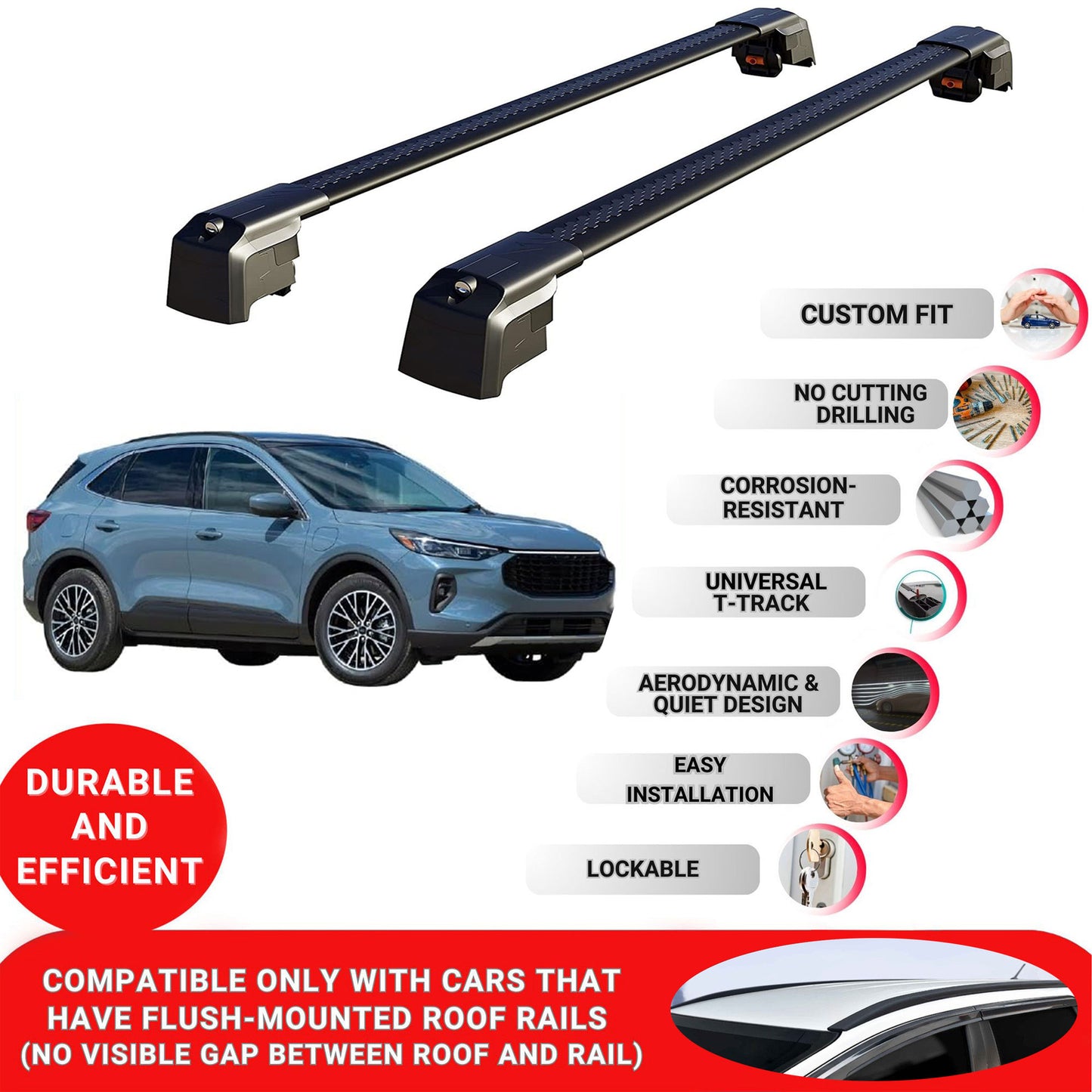 Roof Bars Rack for Ford Escape 2020+ Lockable Rail Carrier 2 Pcs Black
