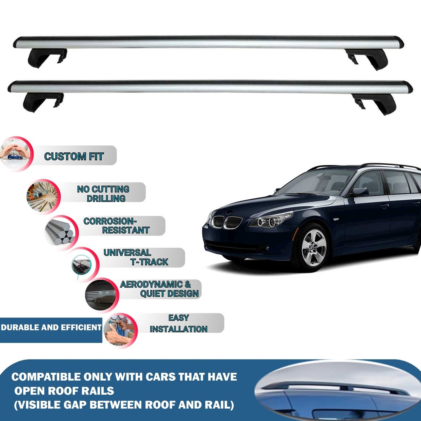 Roof Rack Cross Bars for BMW 5 Series E61 Touring 2004-2010 Rail Carrier for Roof Tents 2 Pcs Grey