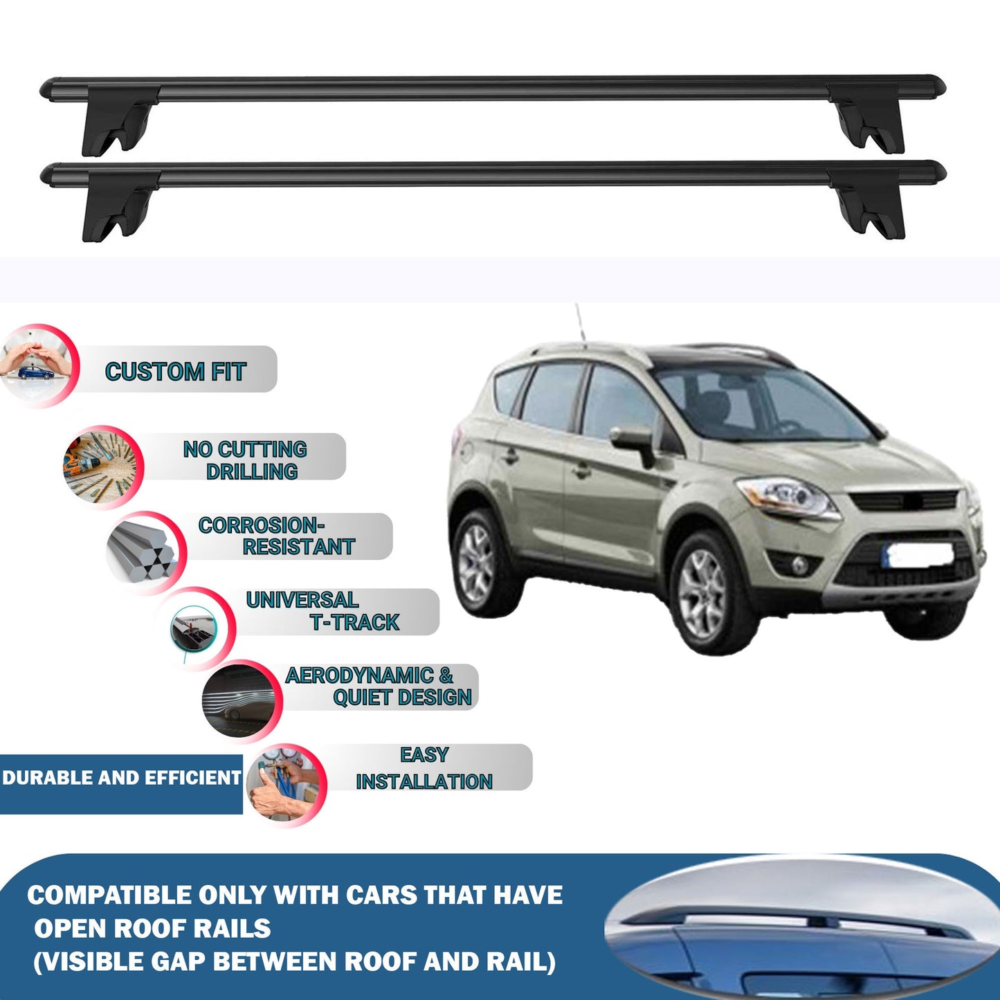 Lockable Roof Rack Cross Bars for Ford Kuga 2008-2013 | Heavy Duty Rail Carrier 2 Pcs Black