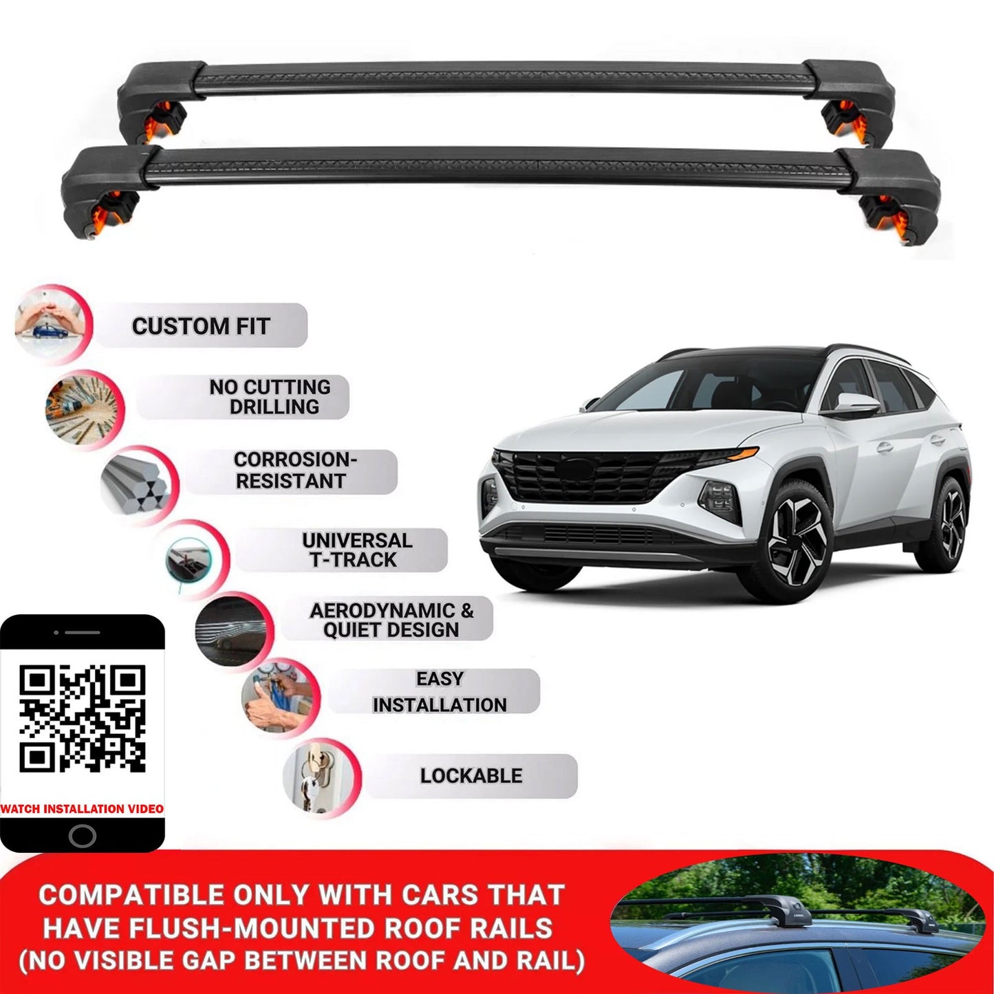 Premium Roof Bars For Hyundai Tucson Suv 2021+ Secure Roof Rack Cross Bar 2 Pcss Black
