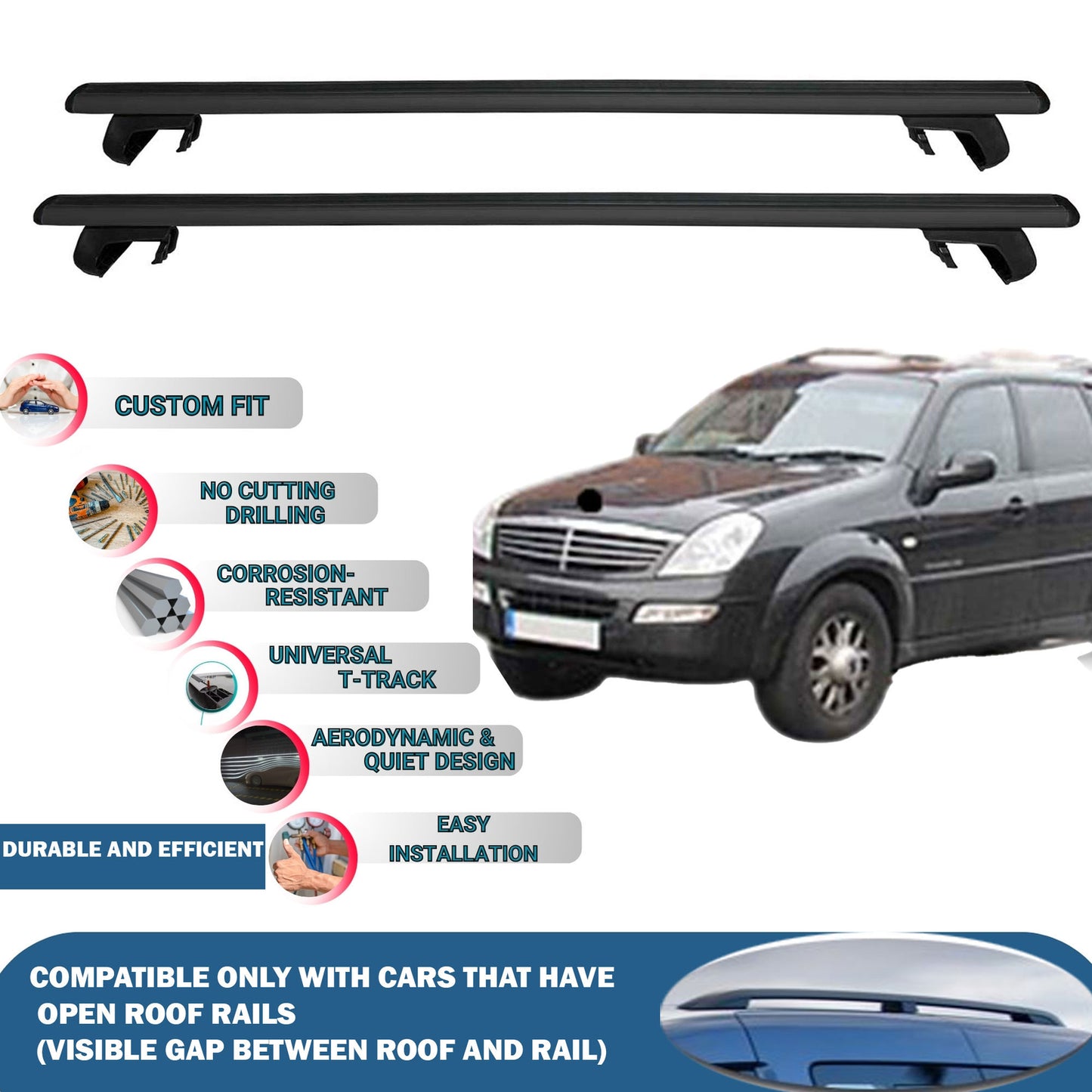 Roof Rack Cross Bars for Ssangyong Rexton 2001-2016 Rail Carrier for Roof Tents 2 Pcs Black