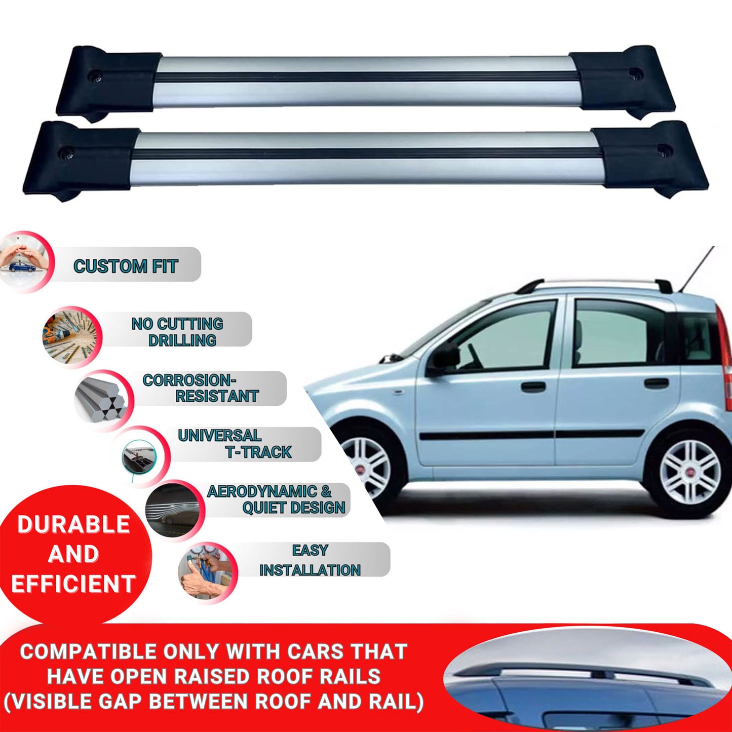 Roof Racks Cross Bars For Fiat Panda Mk 2012-2023 2 Pcs Grey