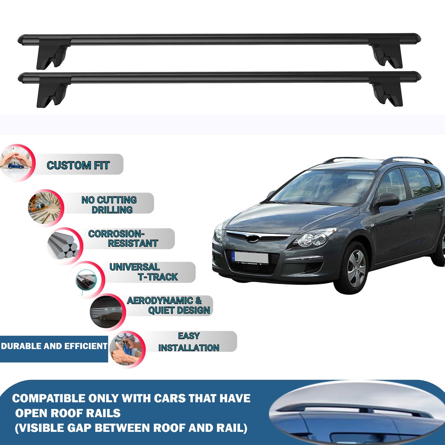 Lockable Roof Rack Cross Bars for Hyundai I30 Cw/Sw/Touring 2006-2012 | Heavy Duty Rail Carrier 2 Pcs Black