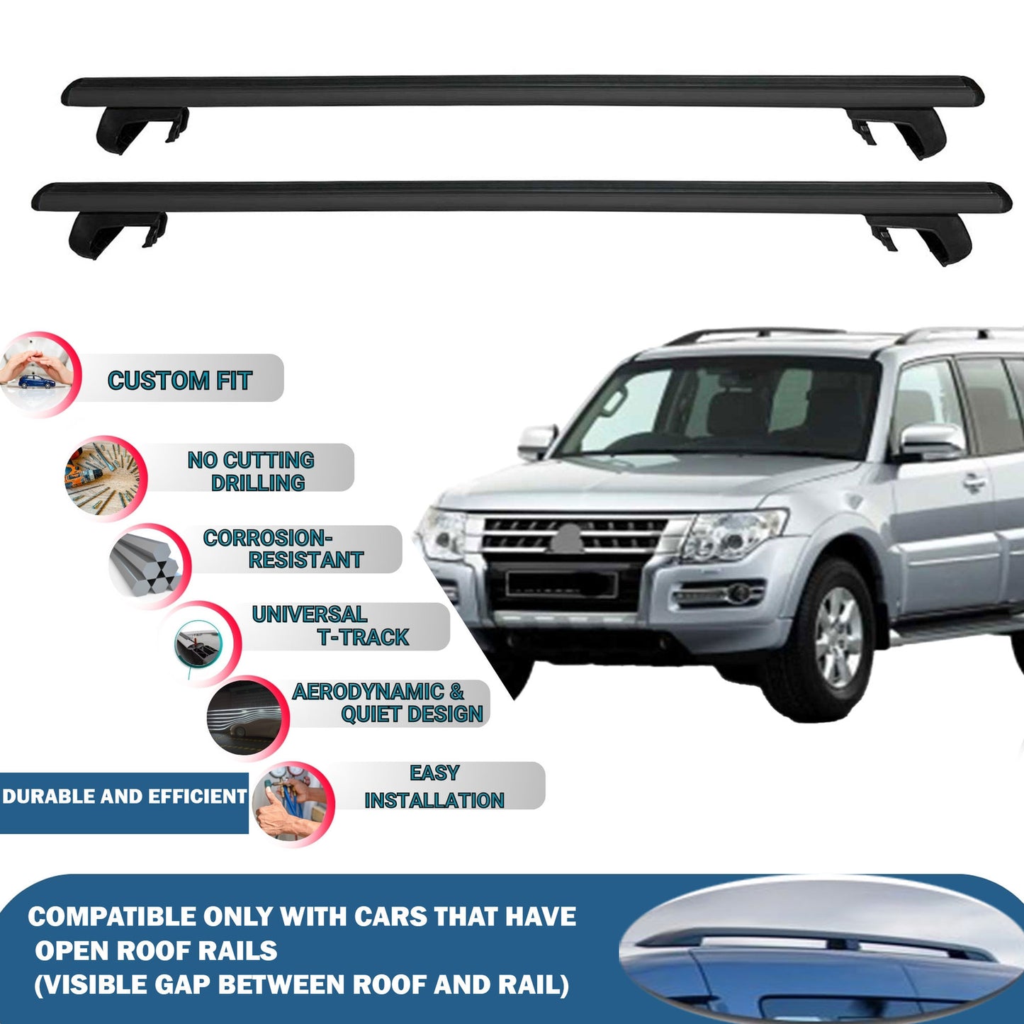 Roof Rack Cross Bars for Mitsubishi Pajero V80 3D 2007 -2021 Rail Carrier for Roof Tents 2 Pcs Black