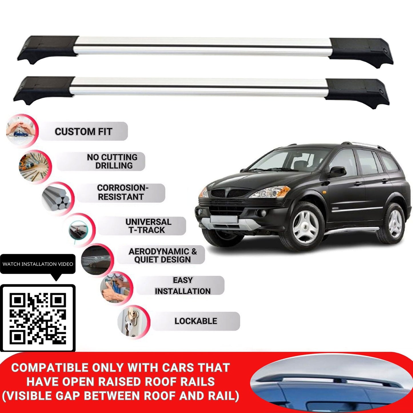 Roof Rack Cross Bars for Ssangyong Kyron 2005-2014 Lockable Bars 2 Pcs Grey