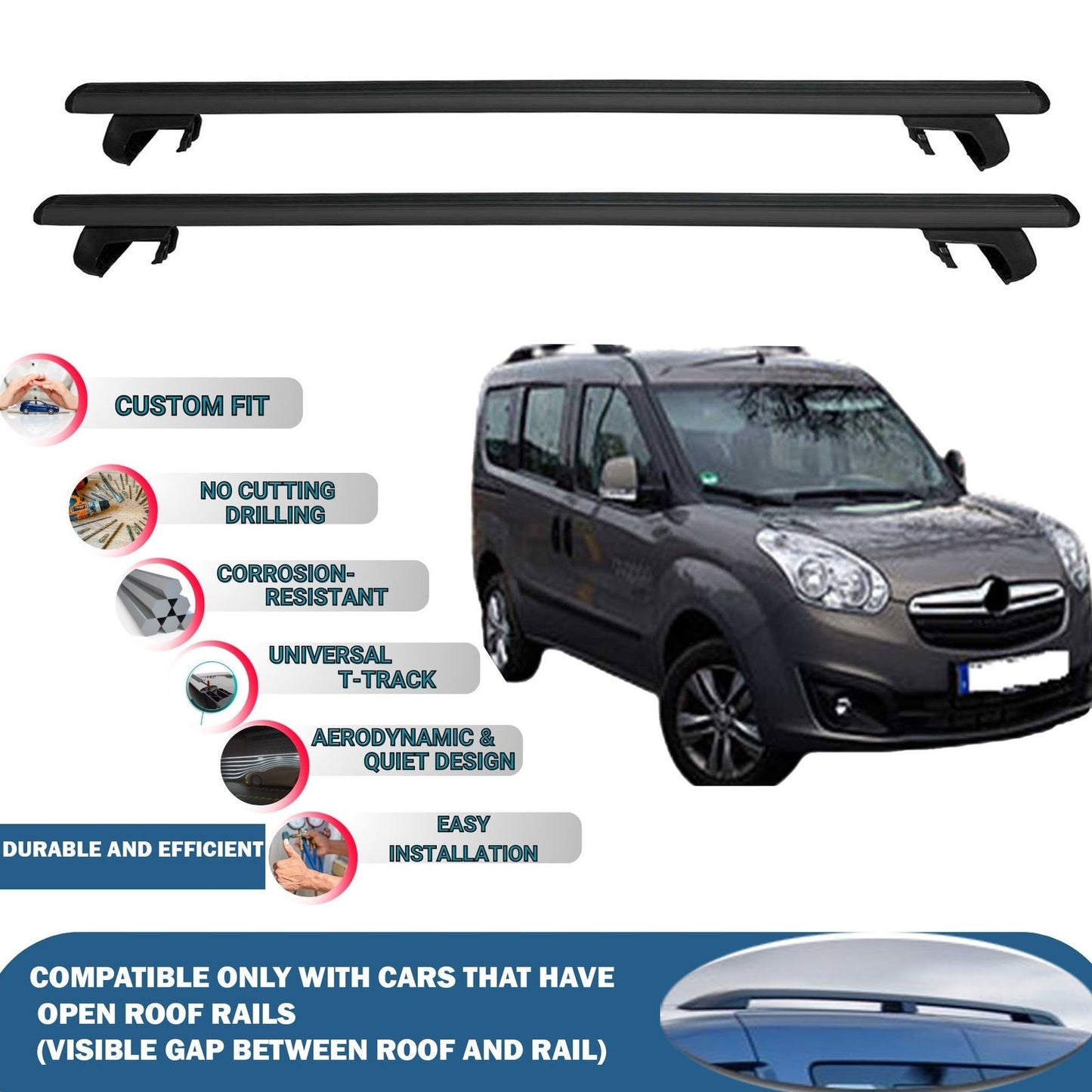Roof Rack Cross Bars for Opel Combo D Tour 5D 2012-2019 Rail Carrier for Roof Tents 2 Pcs Black