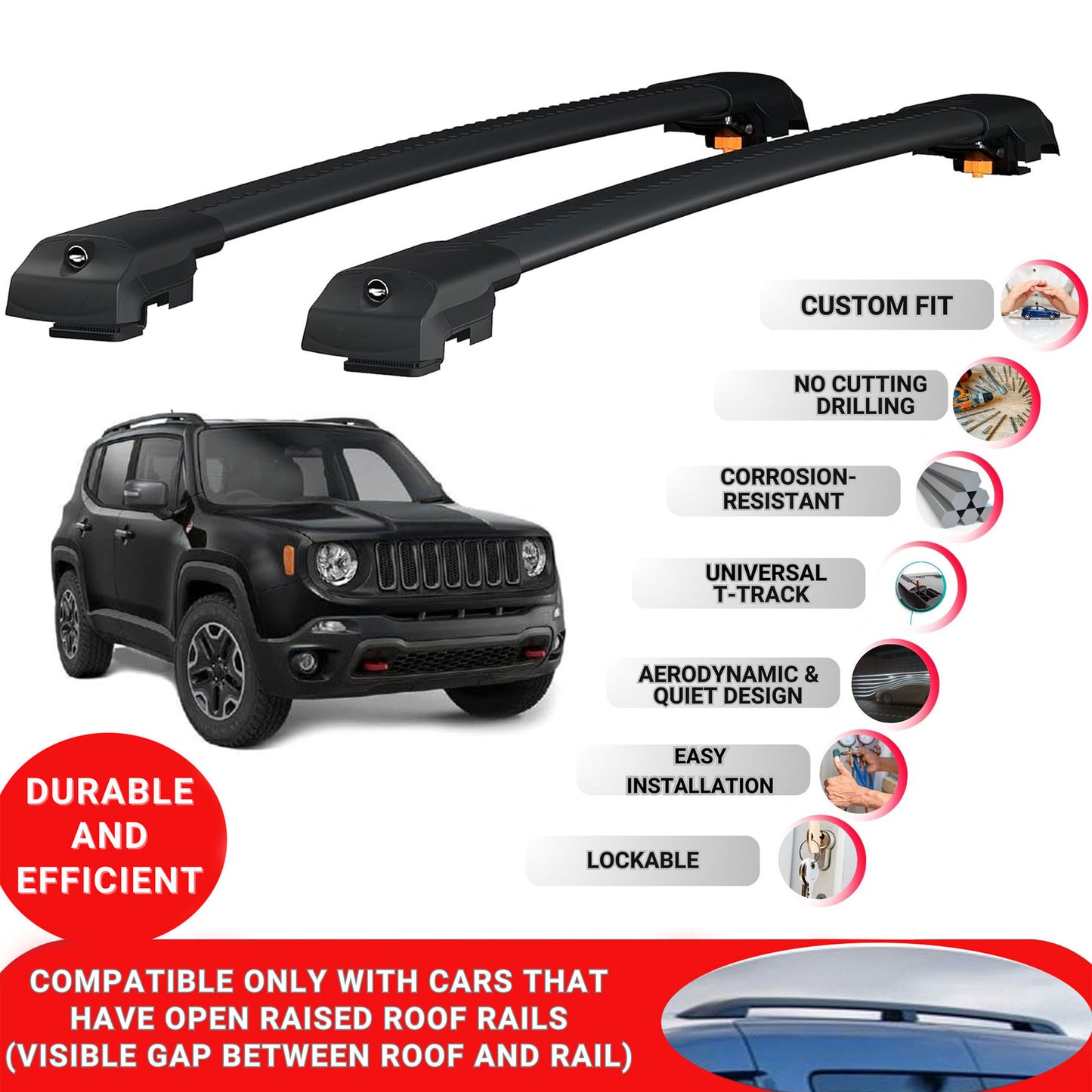 Roof Bar for Jeep Renegade 2014-2024 Lockable Roof Rack Cross Bars 2 Pcs Black