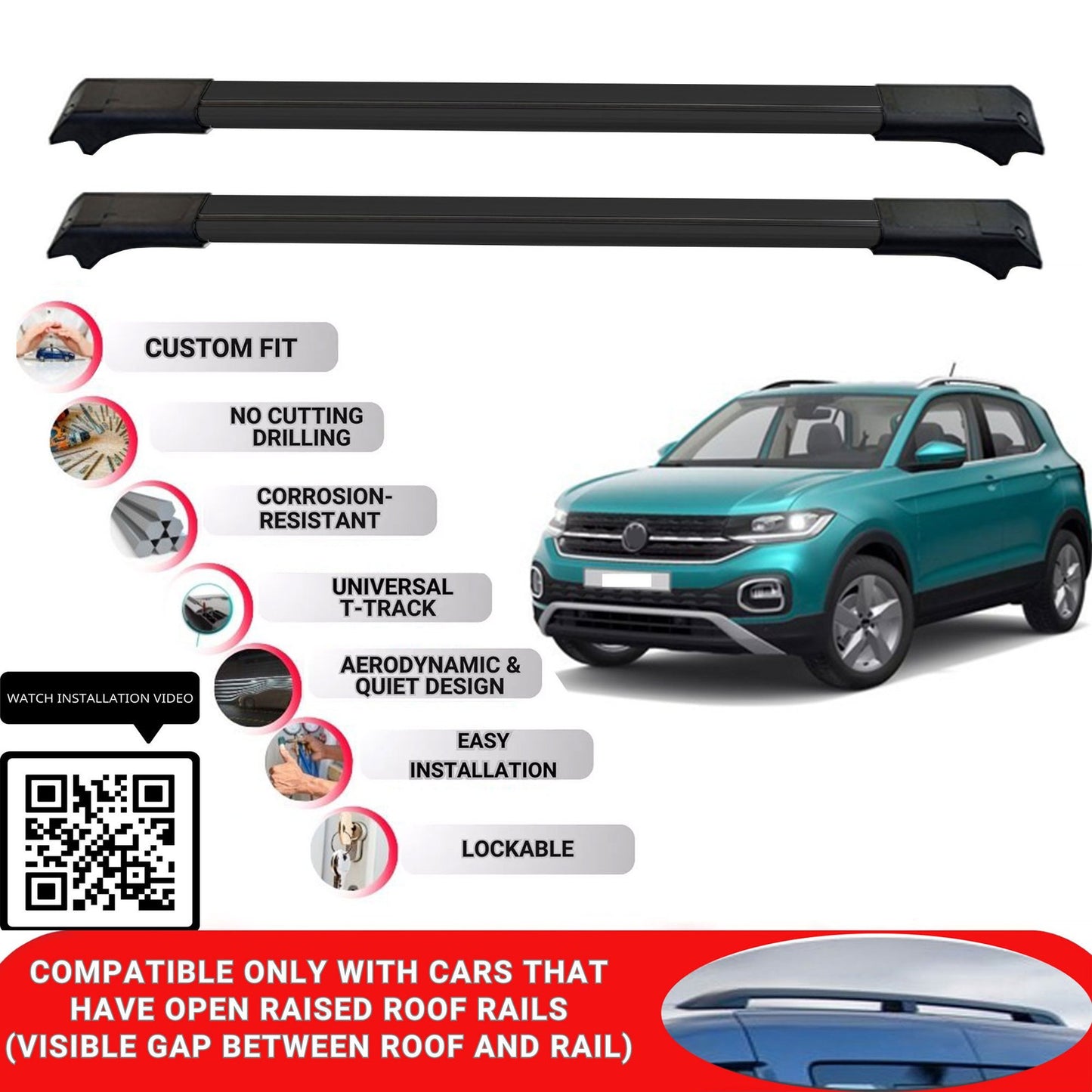 Roof Rack Cross Bars for Vw T-Cross 2019+ Lockable Roof Bars 2 Pcs Black