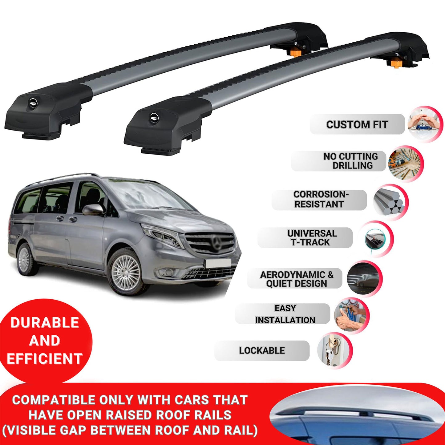 Roof Bar for Mercedes Tourer W447 2015-2024 Lockable Roof Rack Cross Bars 2 Pcs Grey