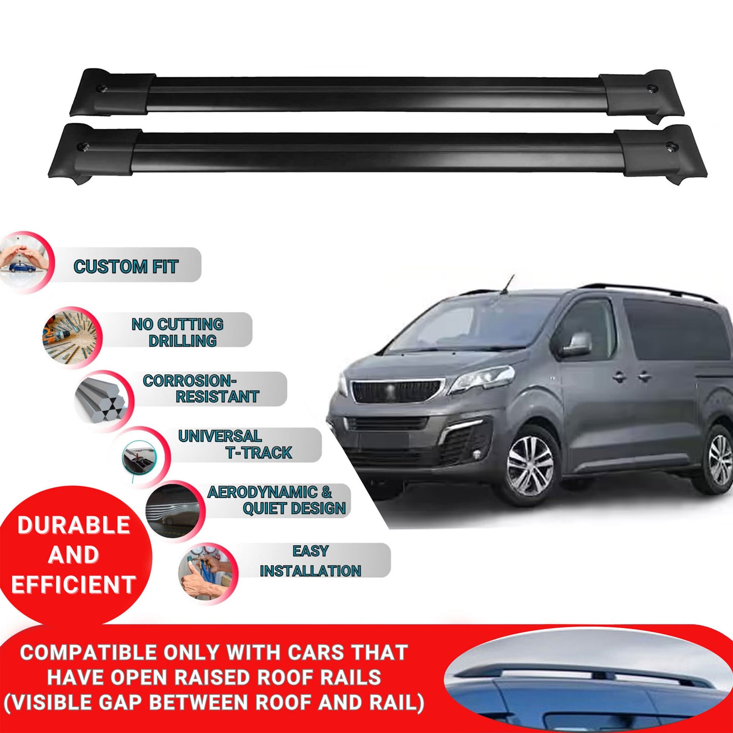 Roof Racks Cross Bars For Peugeot Traveller Non-Van 2017-2024 2 Pcs Black
