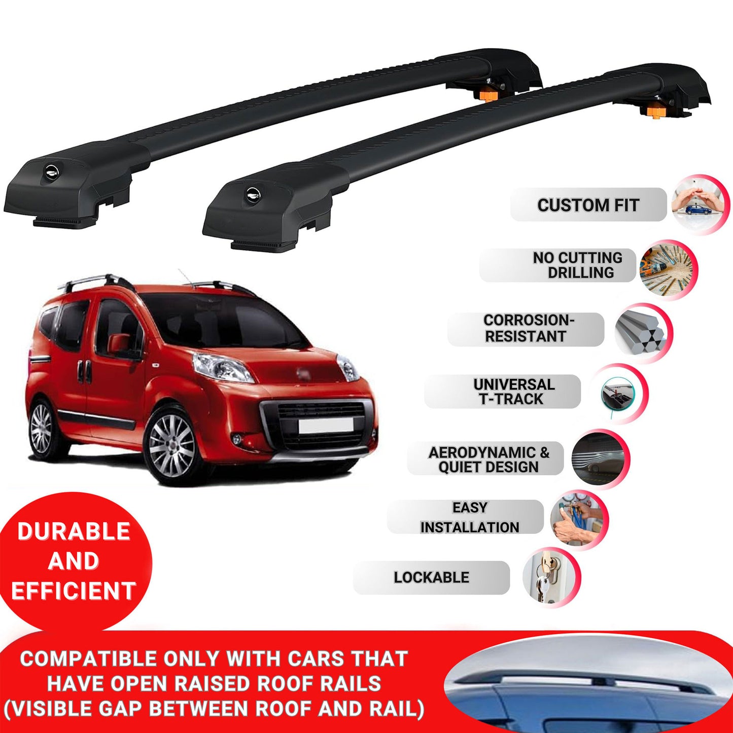 Roof Bar for Fiat Qubo Mpv 2008-2017 Lockable Roof Rack Cross Bars 2 Pcs Black