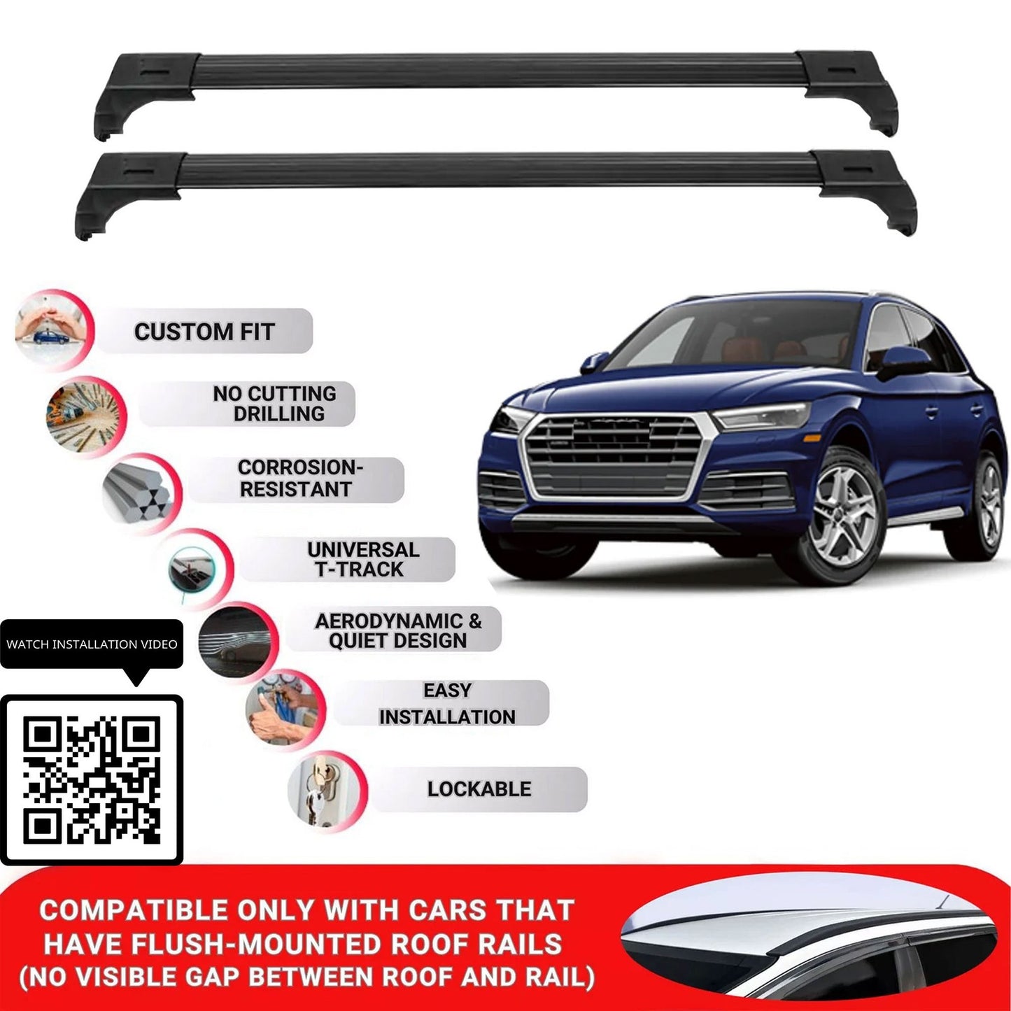 Roof Bars for Audi Q5 2017+ Lockable Roof Rack Cross Bars 2 Pcs Black