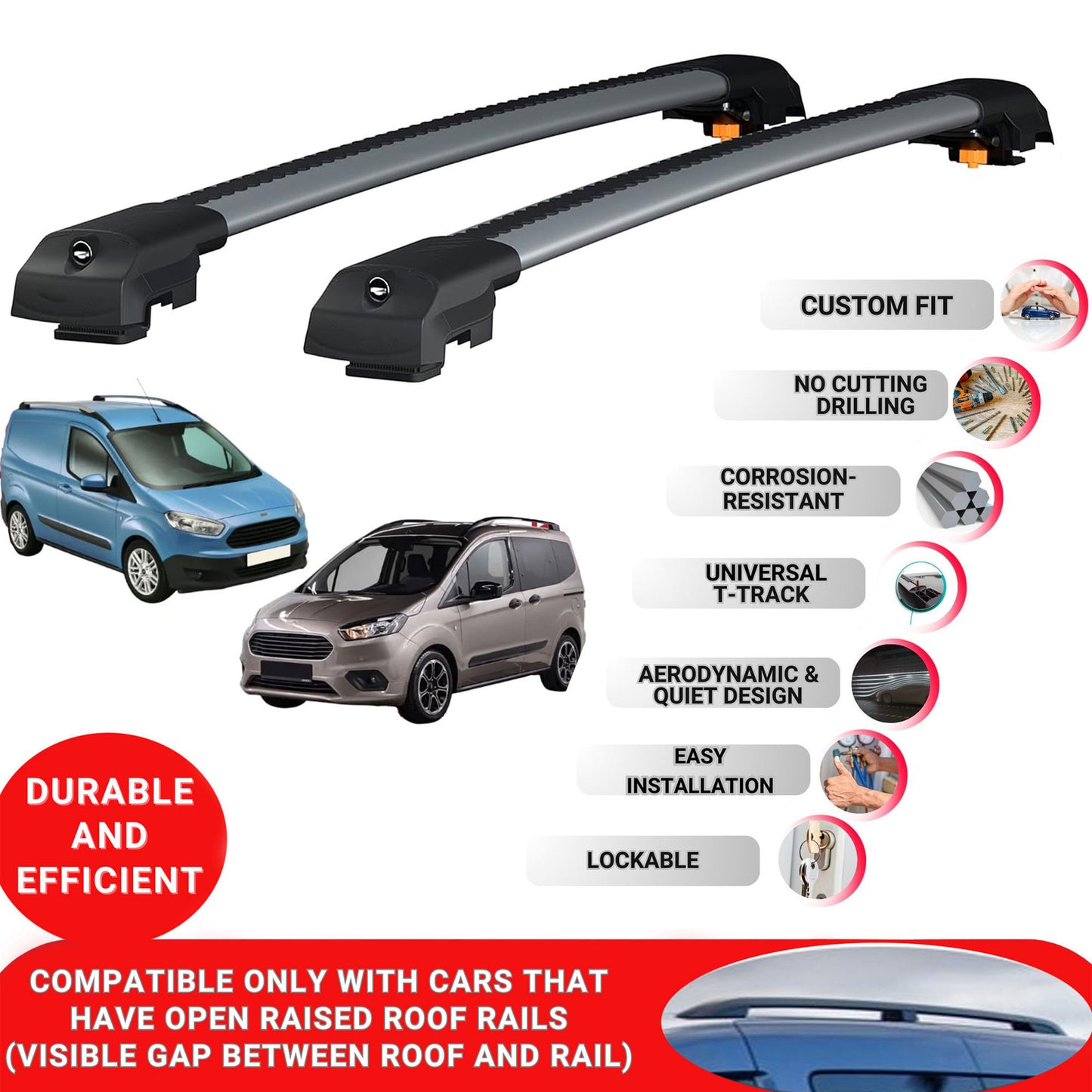 Roof Bar for Ford T.Tourneo Courier 2018-2022 Lockable Roof Rack Cross Bars 2 Pcs Grey