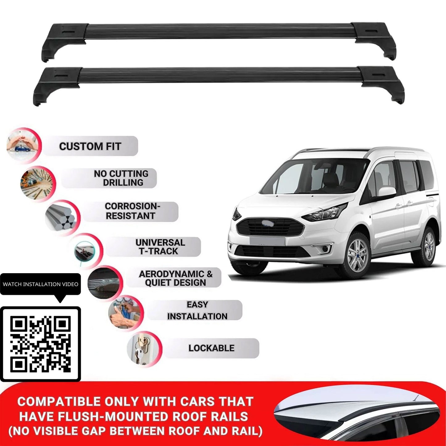 Roof Bars for Ford Tourneo Connect 2014-2022 Lockable Roof Rack Cross Bars 2 Pcs Black