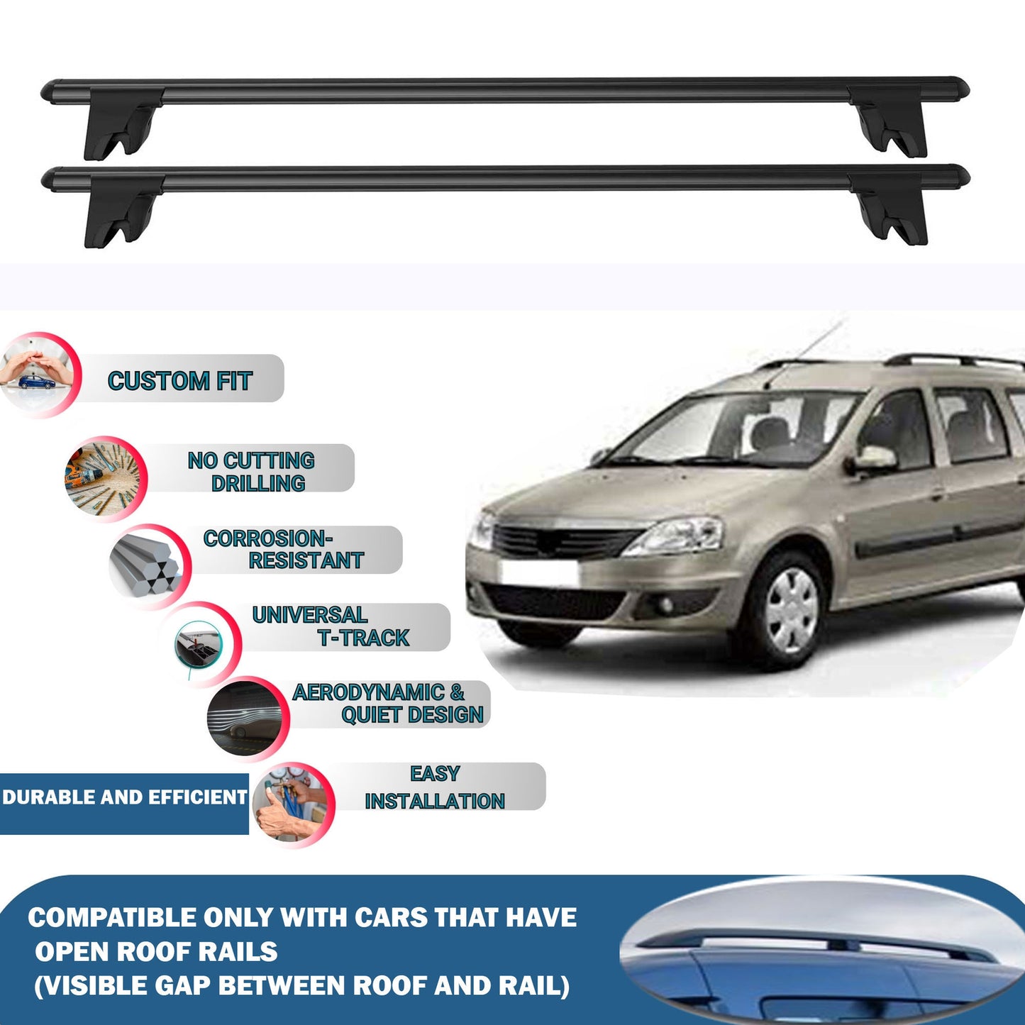Lockable Roof Rack Cross Bars for Dacia Logan Mcv 5D 2007-2013 | Heavy Duty Rail Carrier 2 Pcs Black
