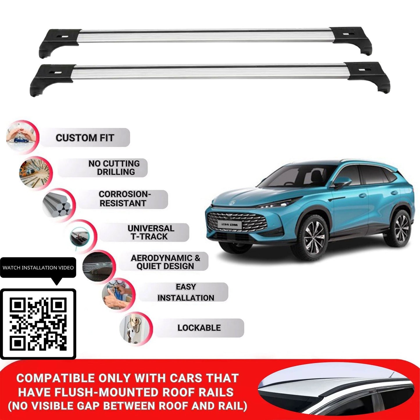 Roof Bars for Mg Hs 2024+ Lockable Roof Rack Cross Bars 2 Pcs Grey