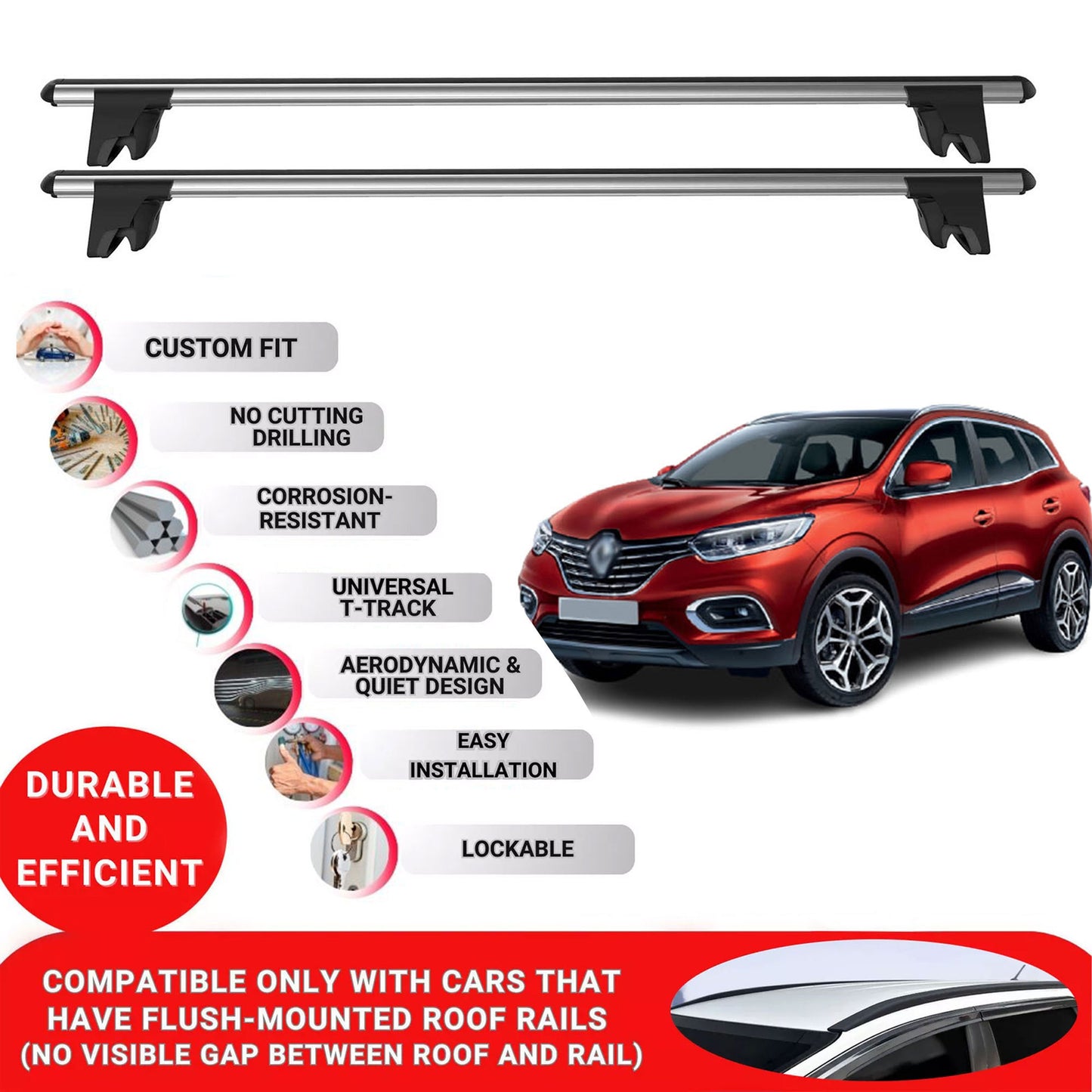 Premium Roof Bars for Renault Kadjar 2016-2022 Lockable Roof Rack Cross Bars 2 Pcs Grey