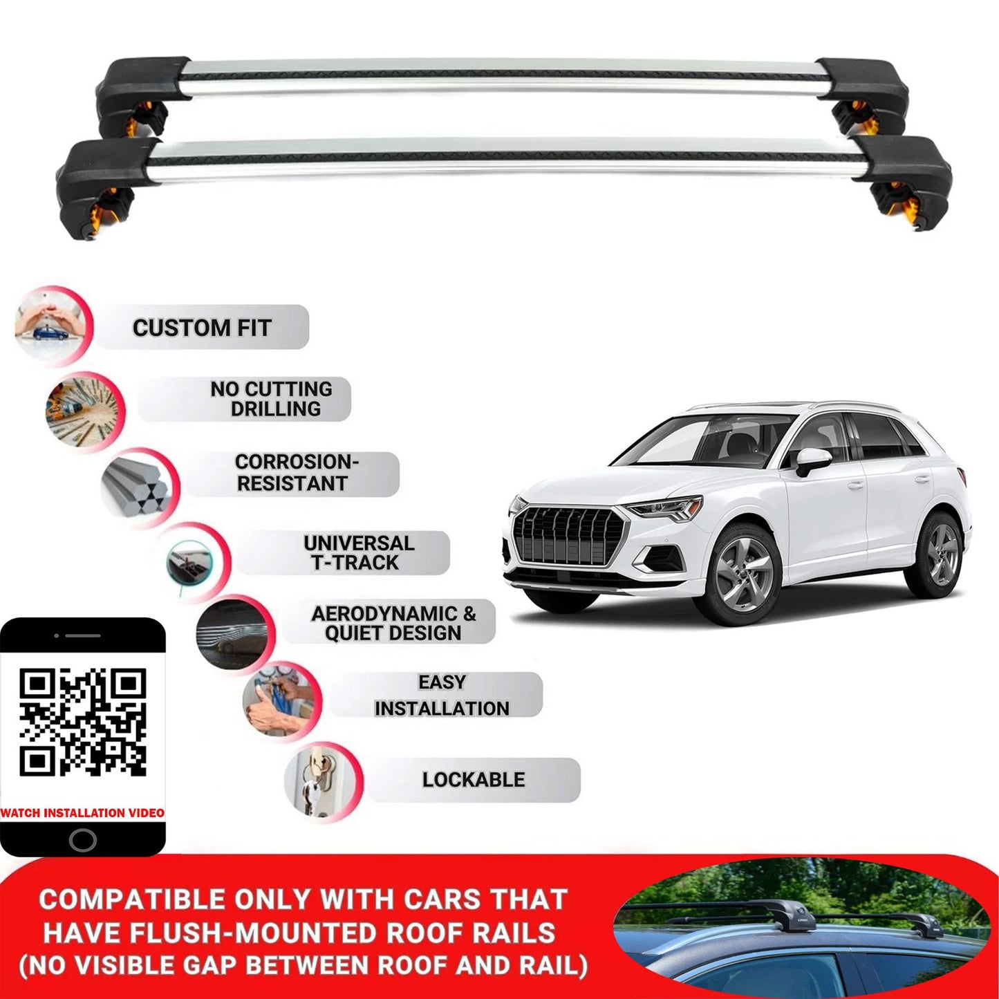 Premium Roof Bars For Audi Q3 Suv 2011-2018 Secure Roof Rack Cross Bar 2 Pcss Secure Grey