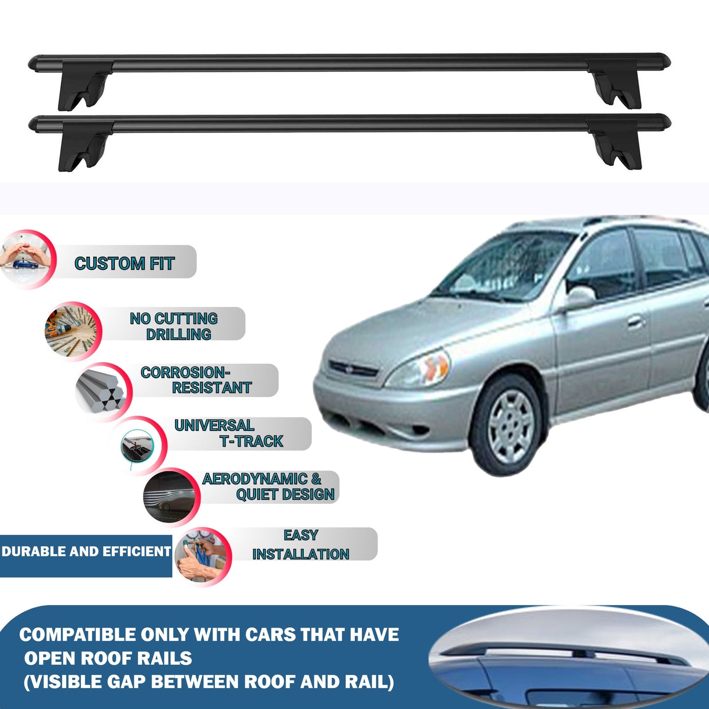 Lockable Roof Rack Cross Bars for Kia Rio SW 2000-2005 | Heavy Duty Rail Carrier 2 Pcs Black