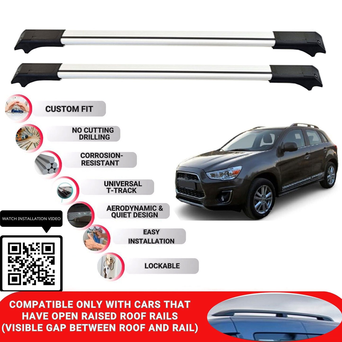 Roof Rack Cross Bars for Mitsubishi Asx 2010-2022 Lockable Roof Bars 2 Pcs Grey
