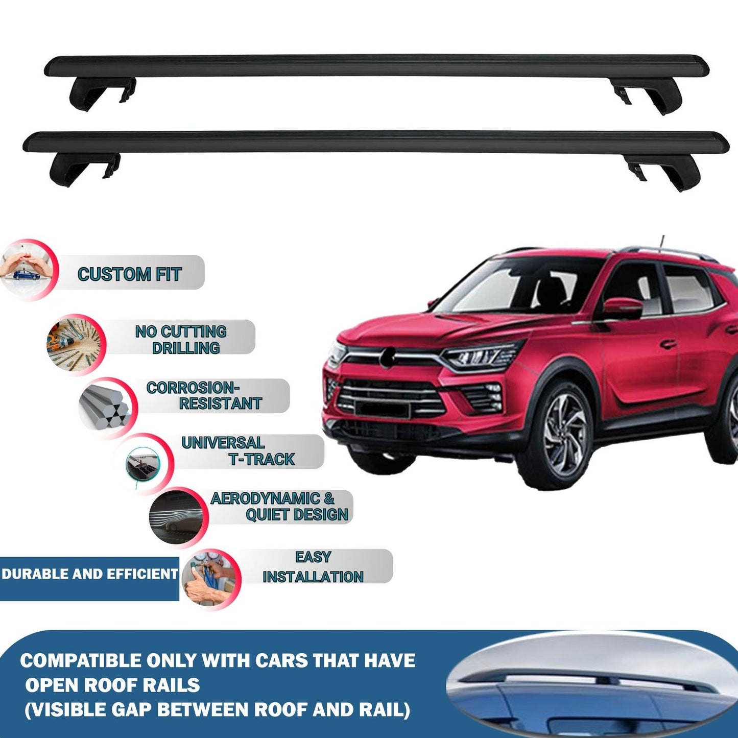 Roof Rack Cross Bars for Ssangyong Korando 2019-2023 Rail Carrier for Roof Tents 2 Pcs Black