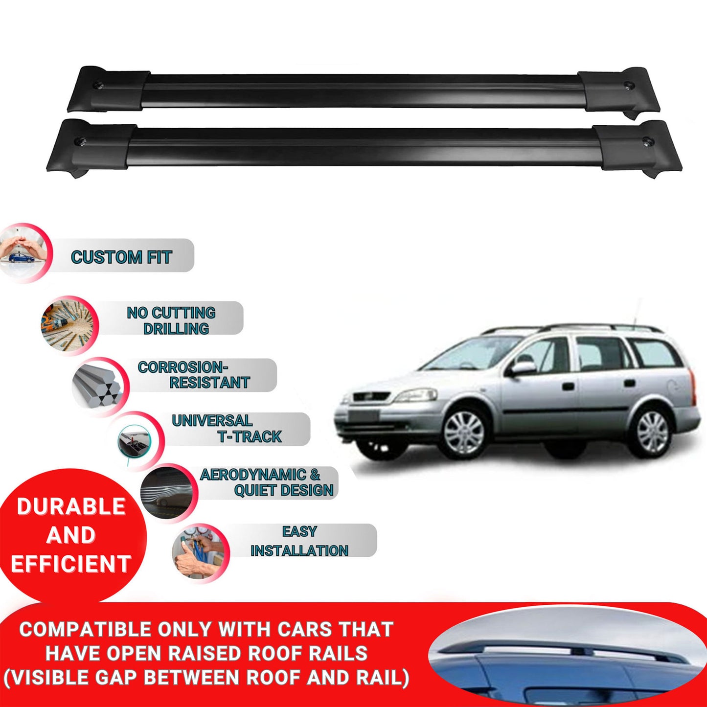 Roof Racks Cross Bars ForVauxhallAstra G Sw 1998-2004 2 Pcs Black