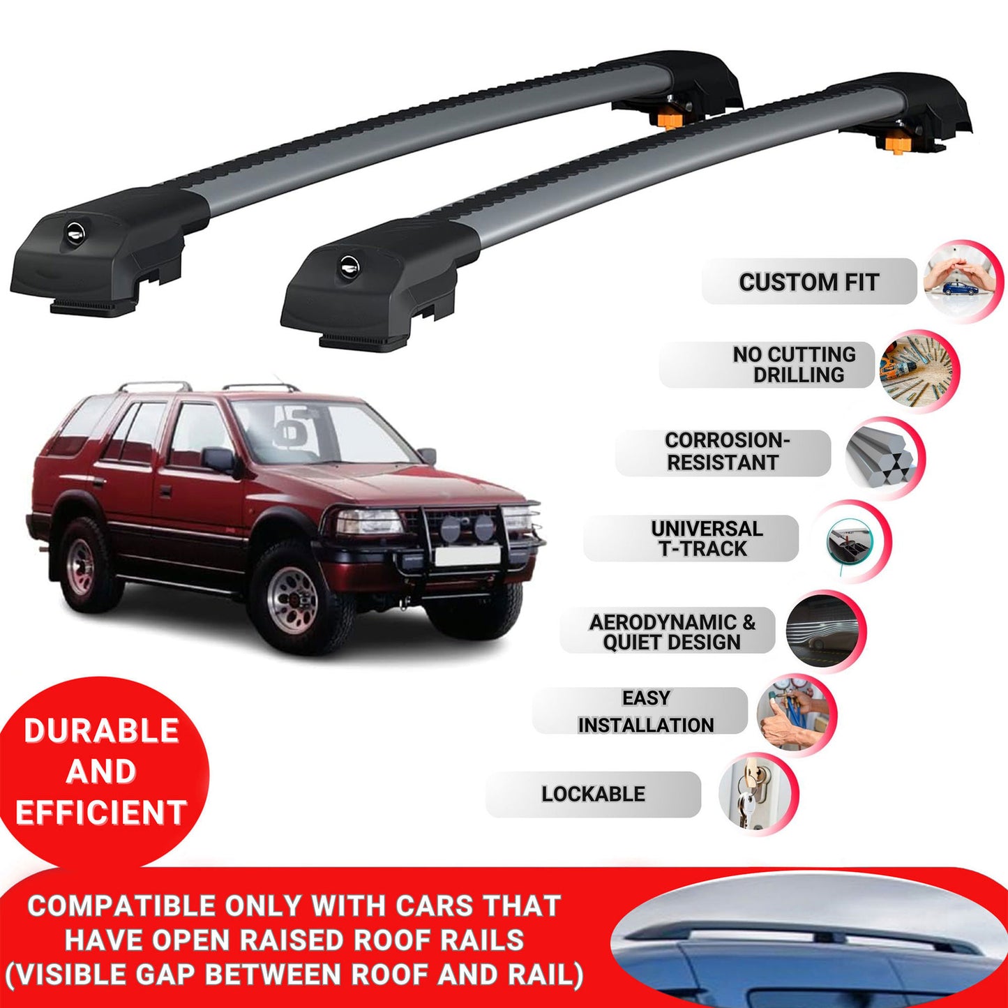 Roof Bar for Opel Frontera Sport 1992-1998 Lockable Roof Rack Cross Bars 2 Pcs Grey