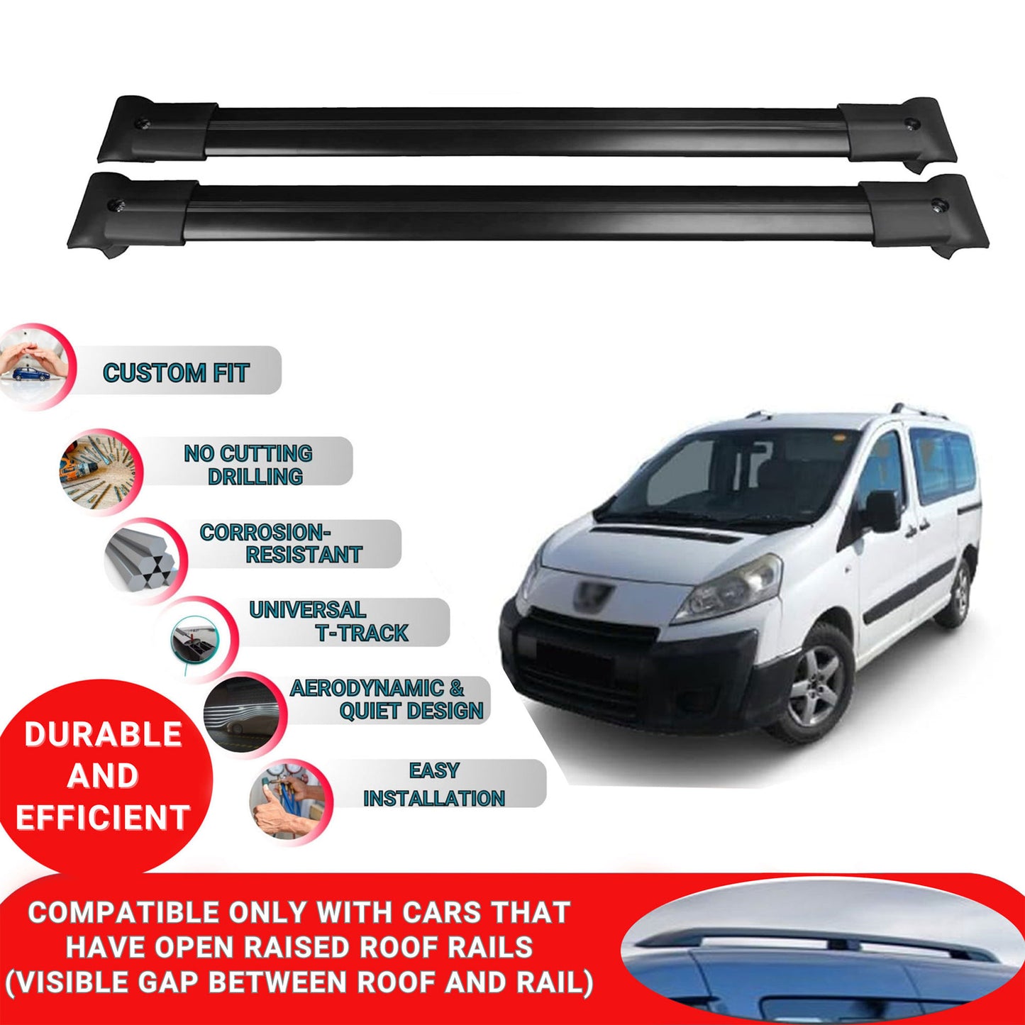 Roof Racks Cross Bars For Peugeot Expert 2007-2017 2 Pcs Black